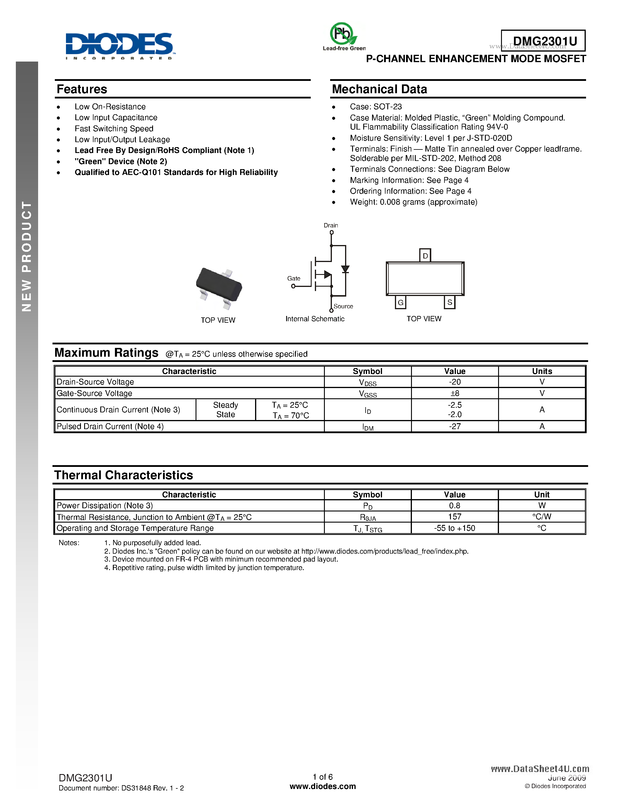 Datasheet DMG2301U - P-CHANNEL ENHANCEMENT MODE MOSFET page 1