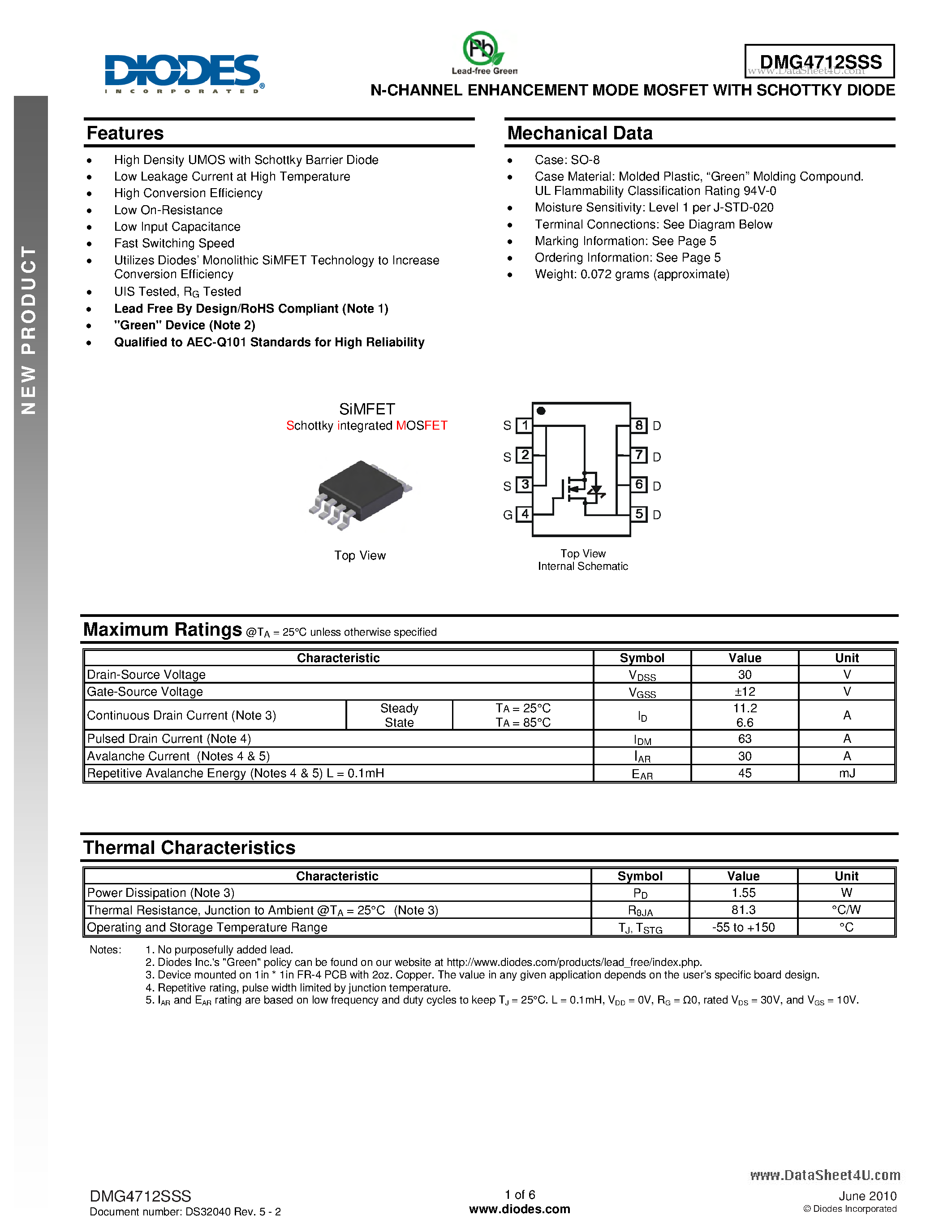 Datasheet DMG4712SSS - N-CHANNEL ENHANCEMENT MODE MOSFET page 1