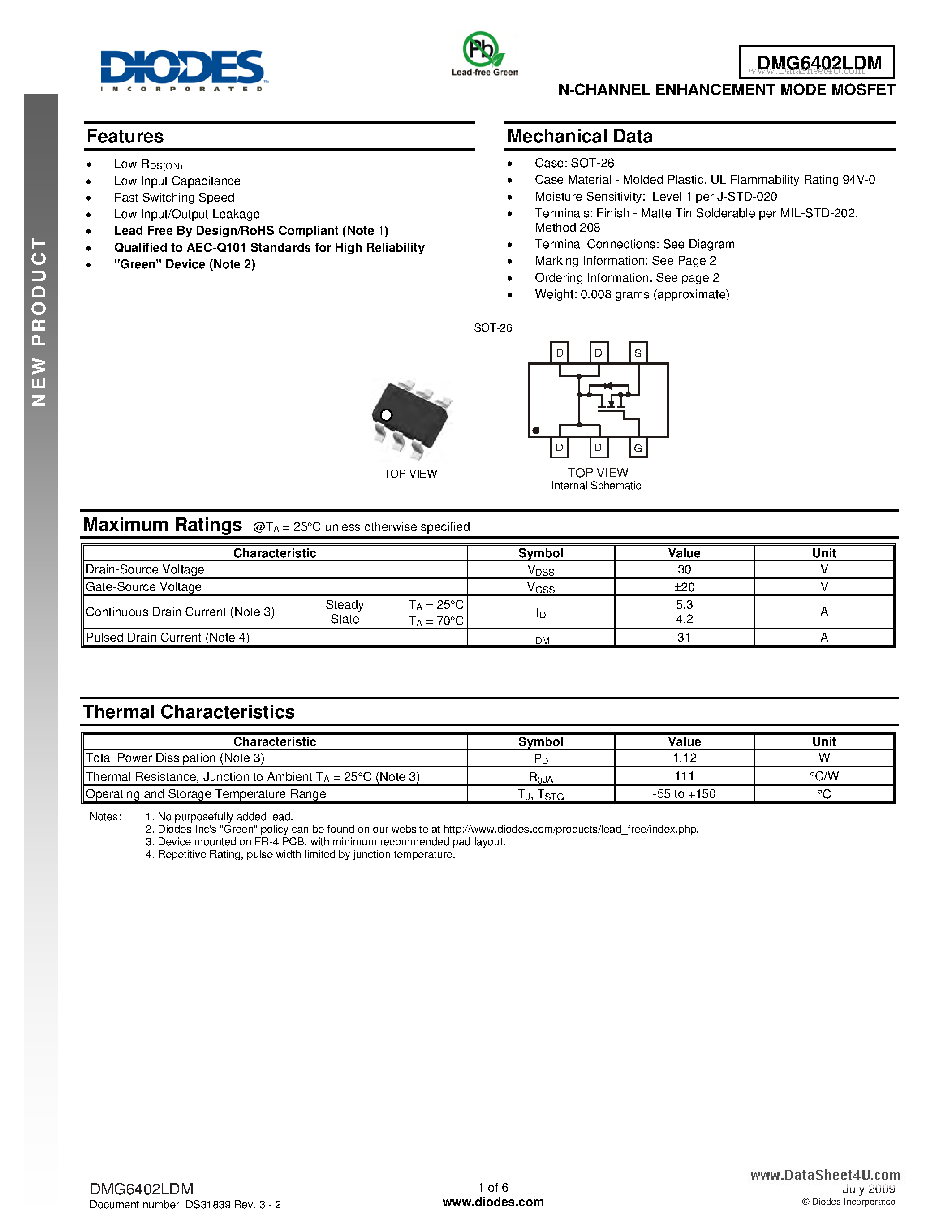 Datasheet DMG6402LDM - N-CHANNEL ENHANCEMENT MODE MOSFET page 1