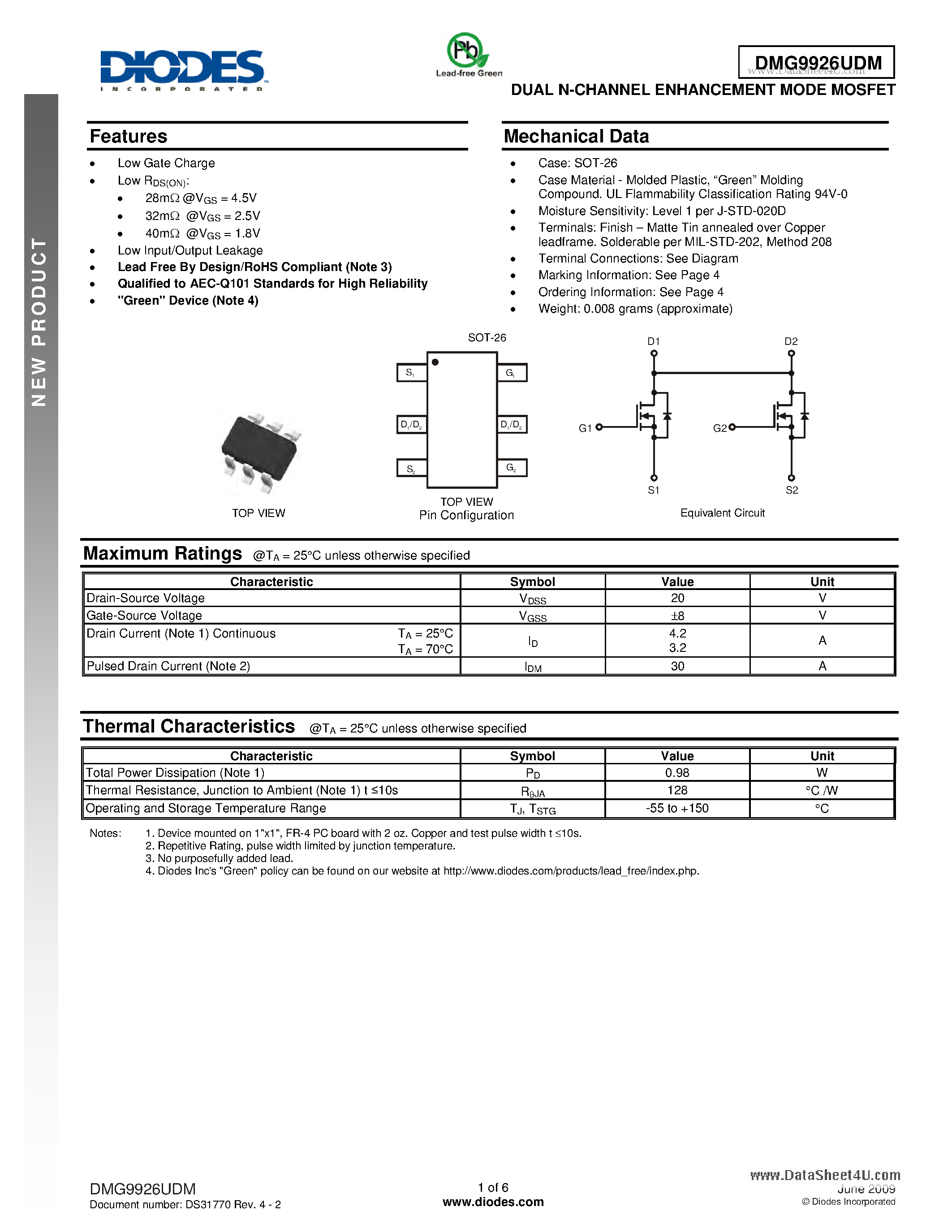 Datasheet DMG9926UDM - DUAL N-CHANNEL ENHANCEMENT MODE MOSFET page 1