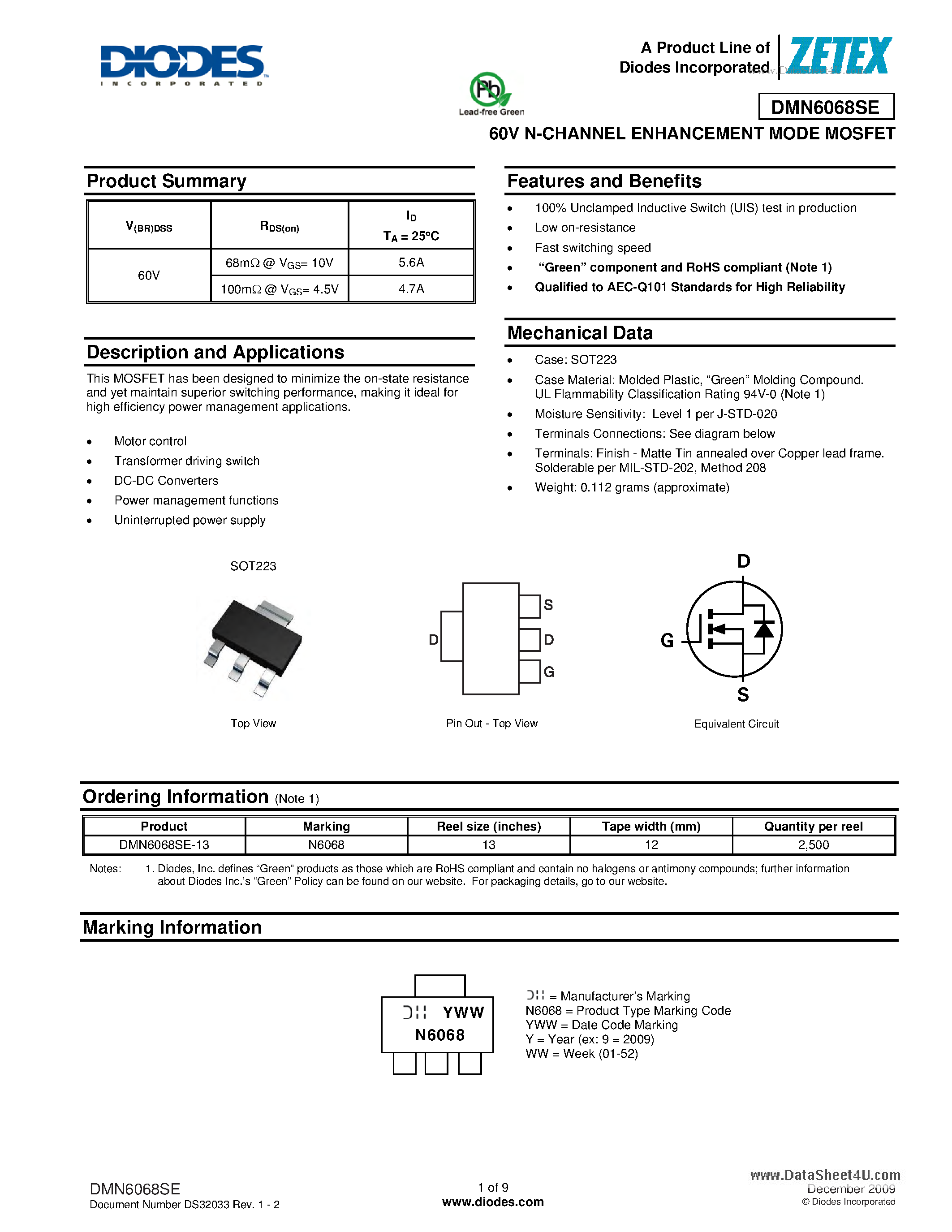 Datasheet DMN6068SE - 60V N-CHANNEL ENHANCEMENT MODE MOSFET page 1