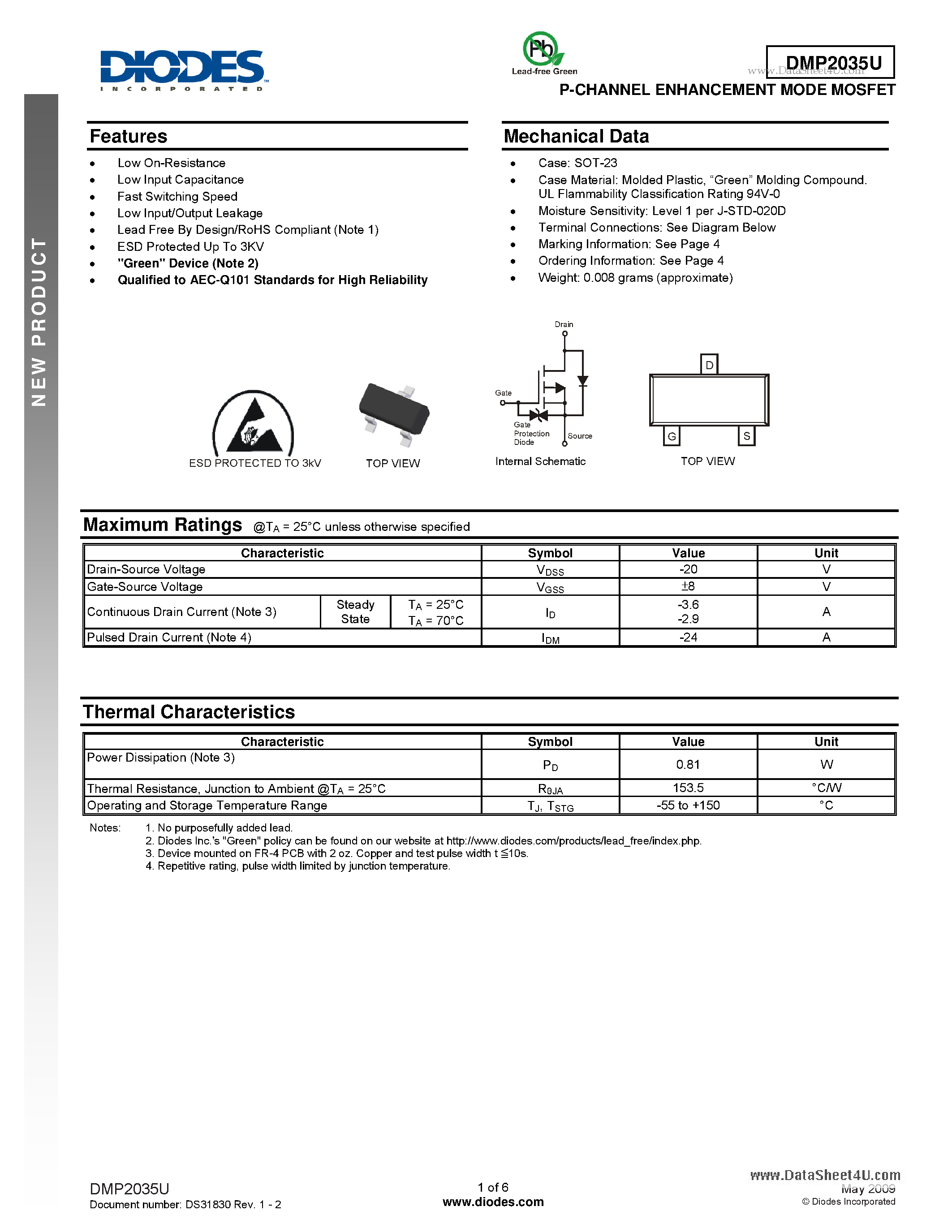 Даташит DMP2035U - P-CHANNEL ENHANCEMENT MODE MOSFET страница 1