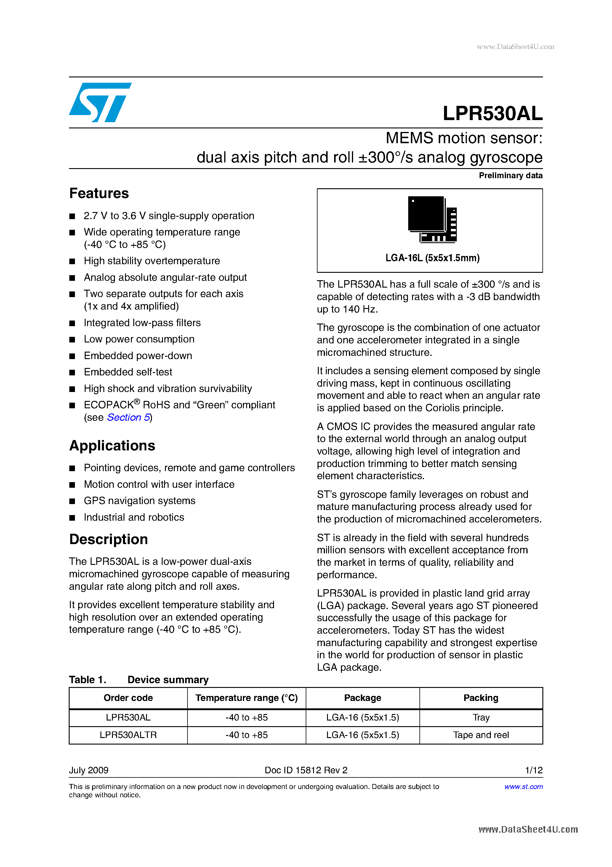 Datasheet LPR530AL - MEMS motion sensor:dual-axis pitch and roll +-300 /s analog gyroscope page 1