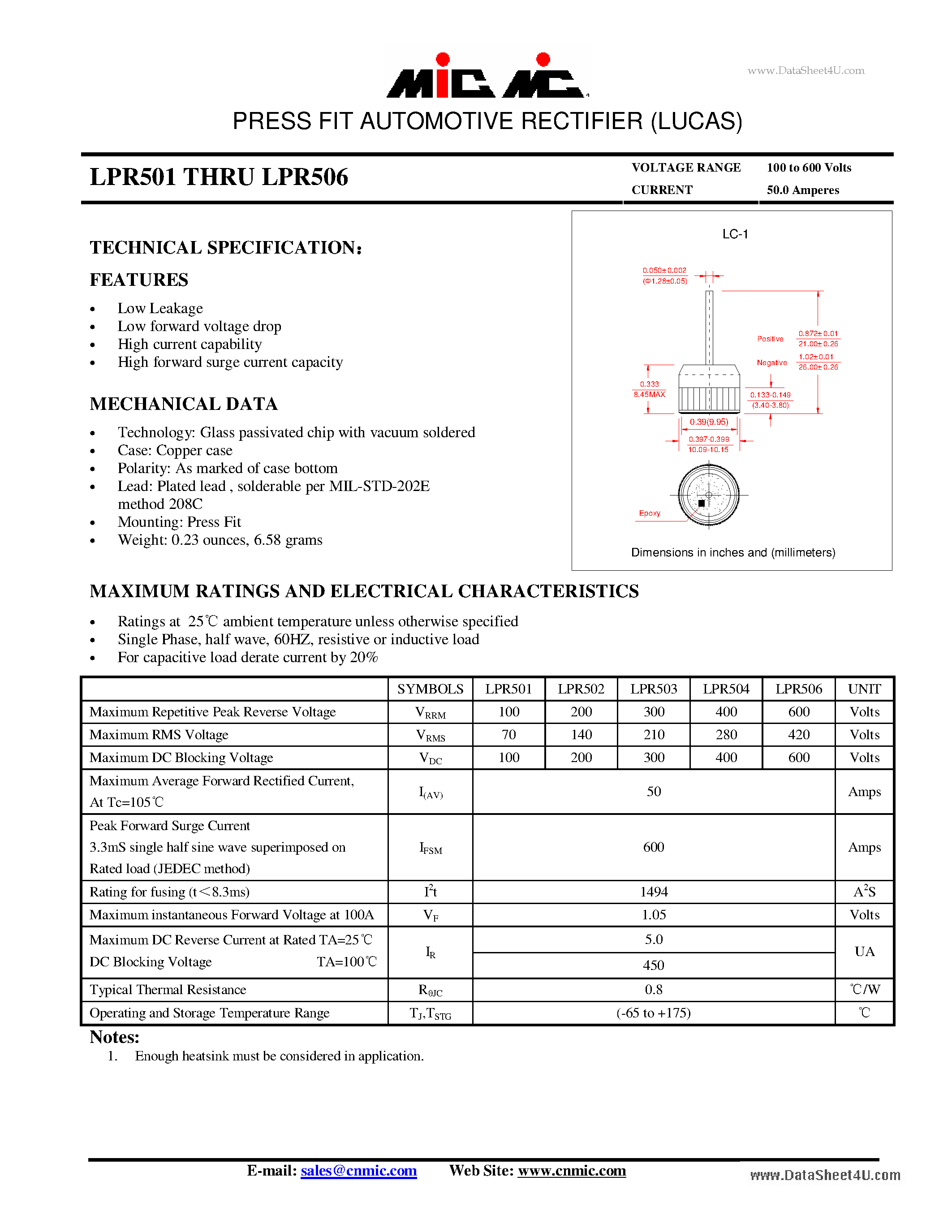 Datasheet LPR501 - PRESS FIT AUTOMOTIVE RECTIFIER (LUCAS) page 1