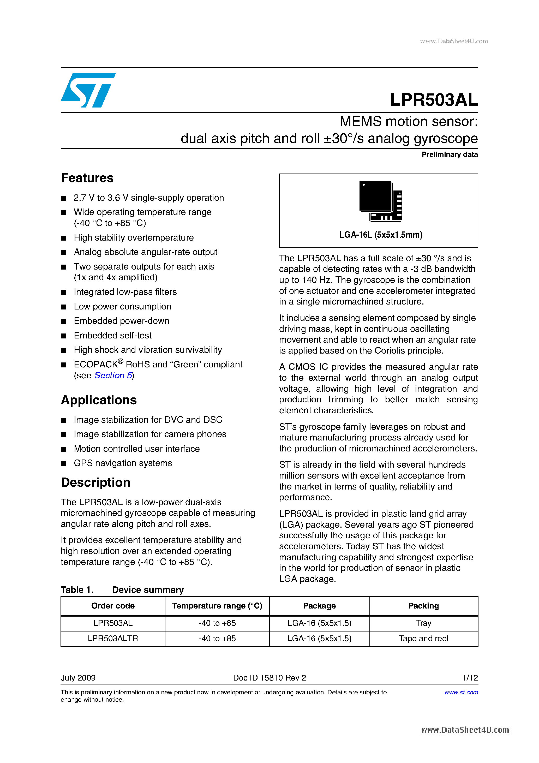 Datasheet LPR503AL - MEMS motion sensor:dual axis pitch and roll +-30 /s analog gyroscope page 1