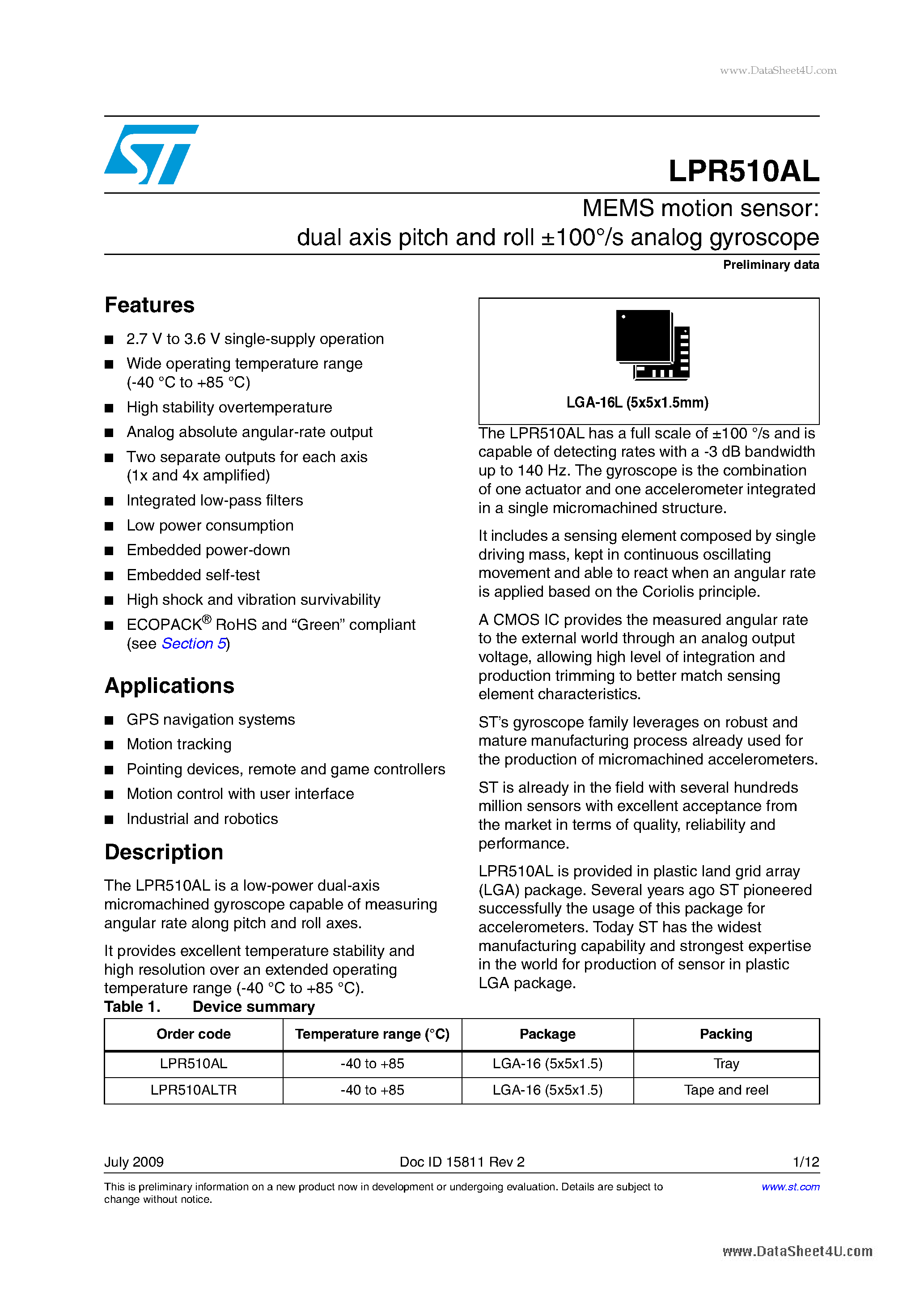 Datasheet LPR510AL - MEMS motion sensor:dual axis pitch and roll +-100 /s analog gyroscope page 1