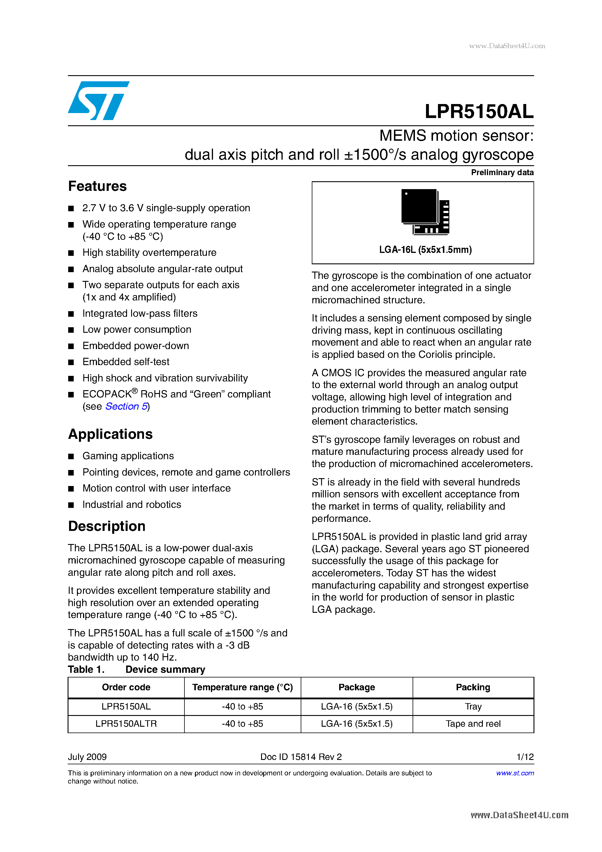 Datasheet LPR5150AL - MEMS motion sensor:dual axis pitch and roll +-1500 /s analog gyroscope page 1