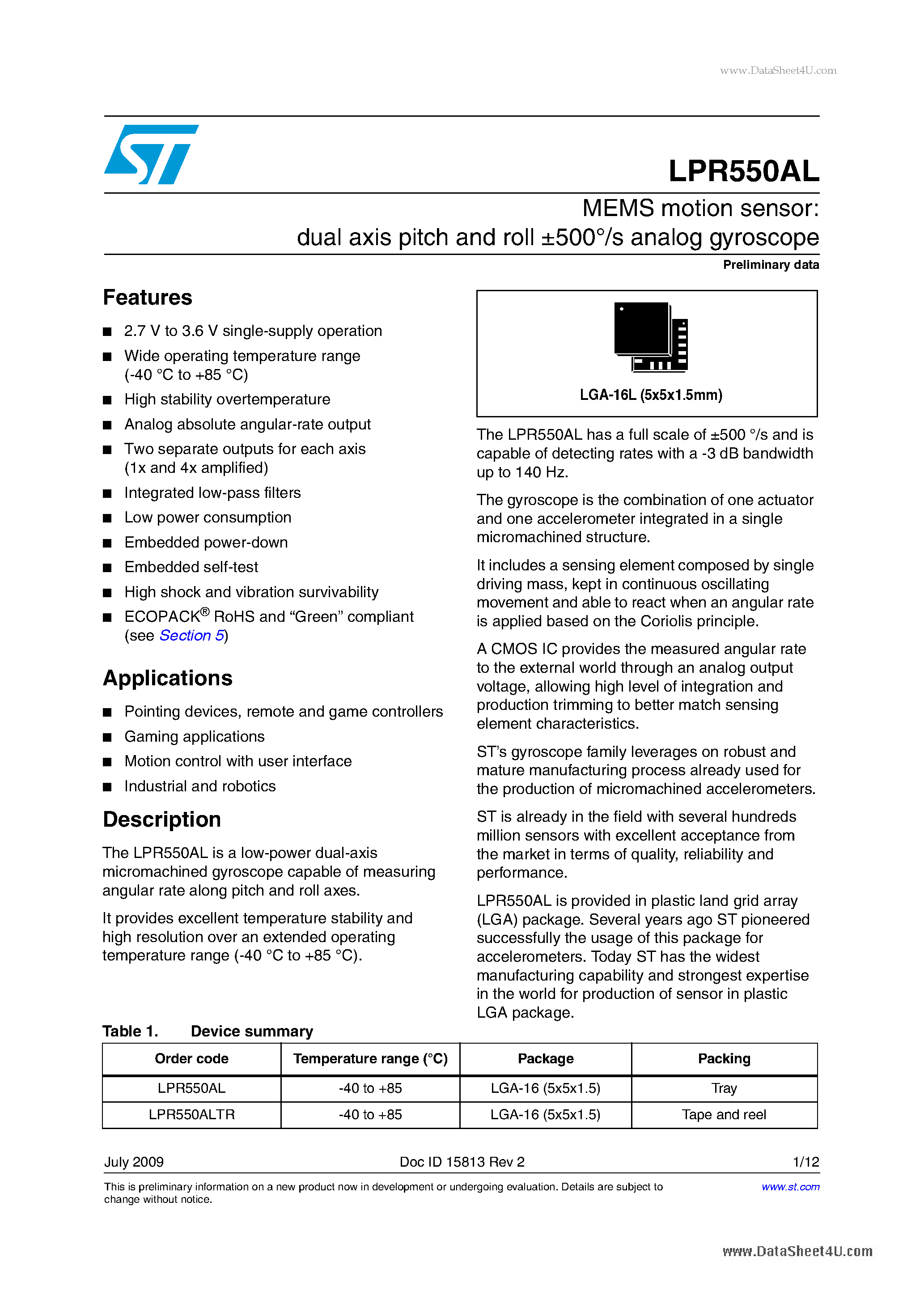 Datasheet LPR550AL - MEMS motion sensor:dual axis pitch and roll +-500 /s analog gyroscope page 1