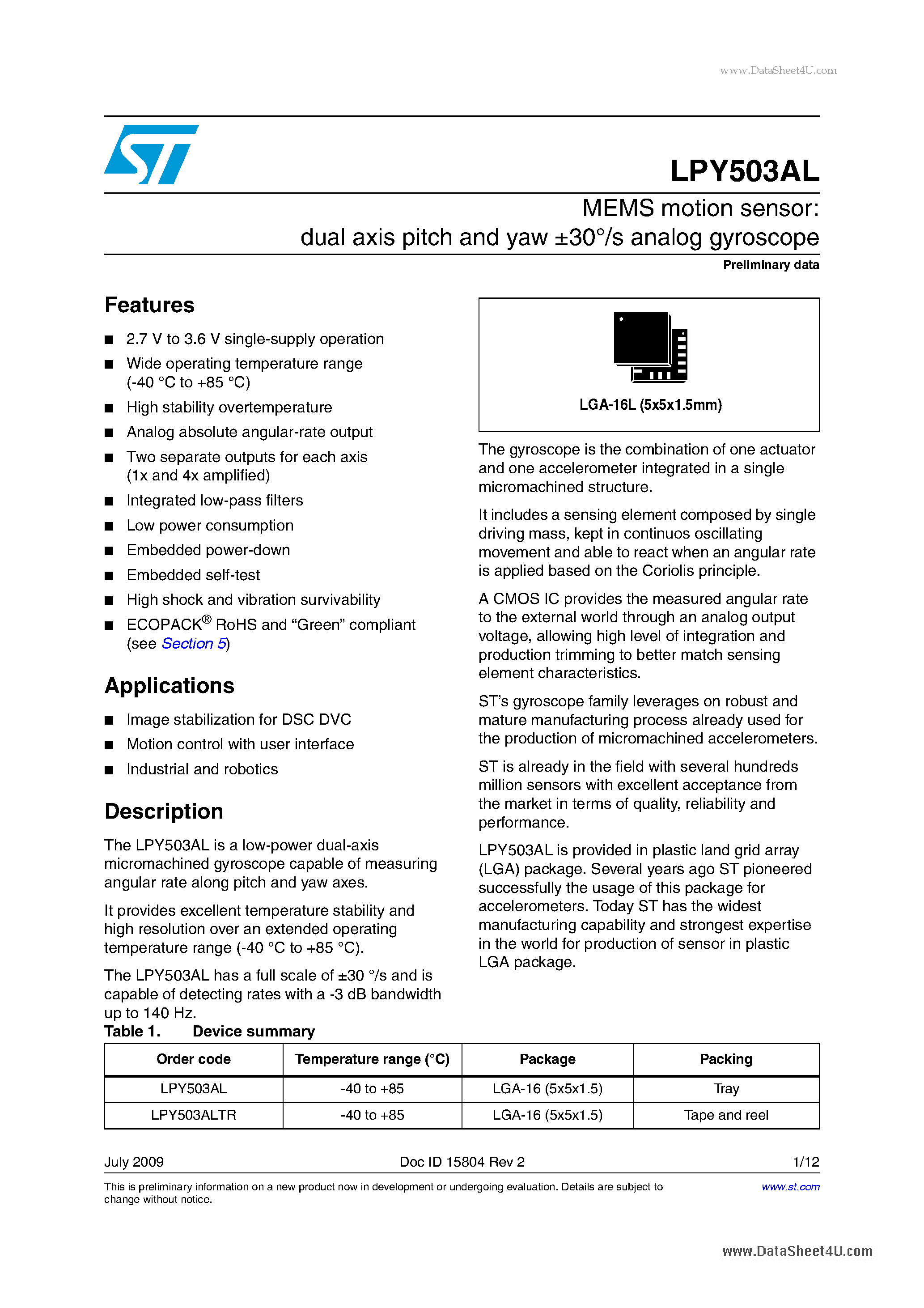 Datasheet LPY503AL - MEMS motion sensor:dual-axis pitch and yaw +-30 /s analog gyroscope page 1