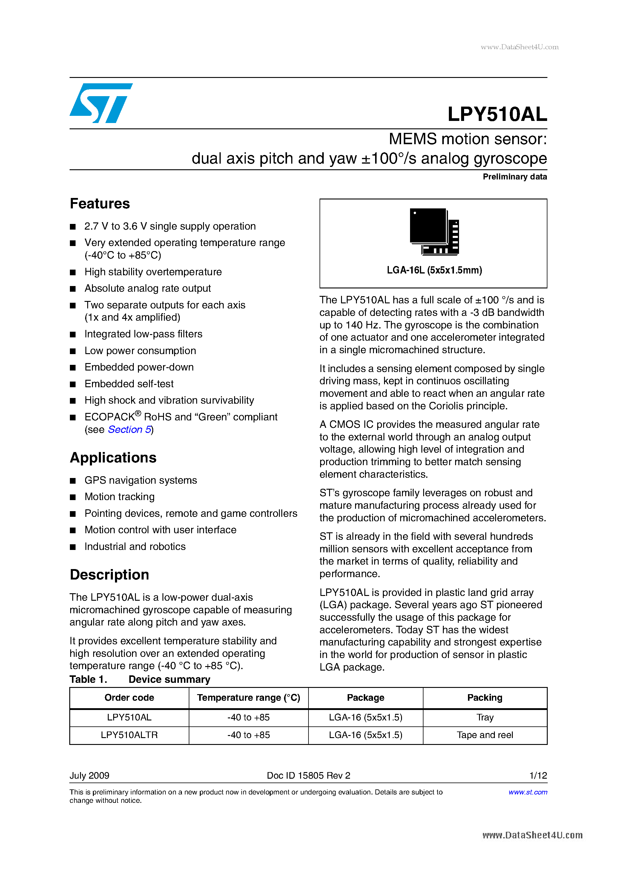 Datasheet LPY510AL - MEMS motion sensor:dual-axis pitch and yaw +-100 /s analog gyroscope page 1