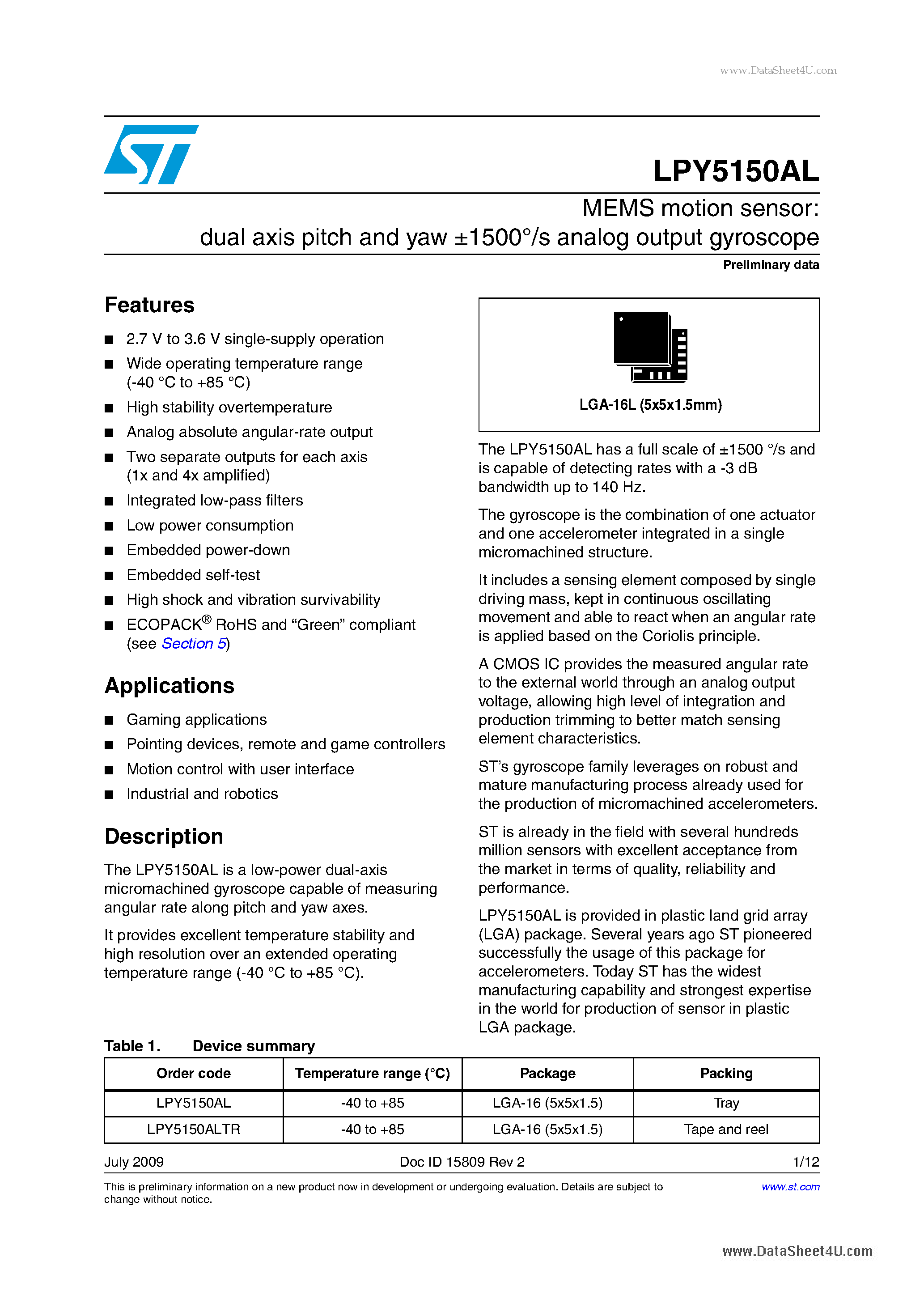 Datasheet LPY5150AL - MEMS motion sensor:dual-axis pitch and yaw +-1500 /s analog output gyroscope page 1