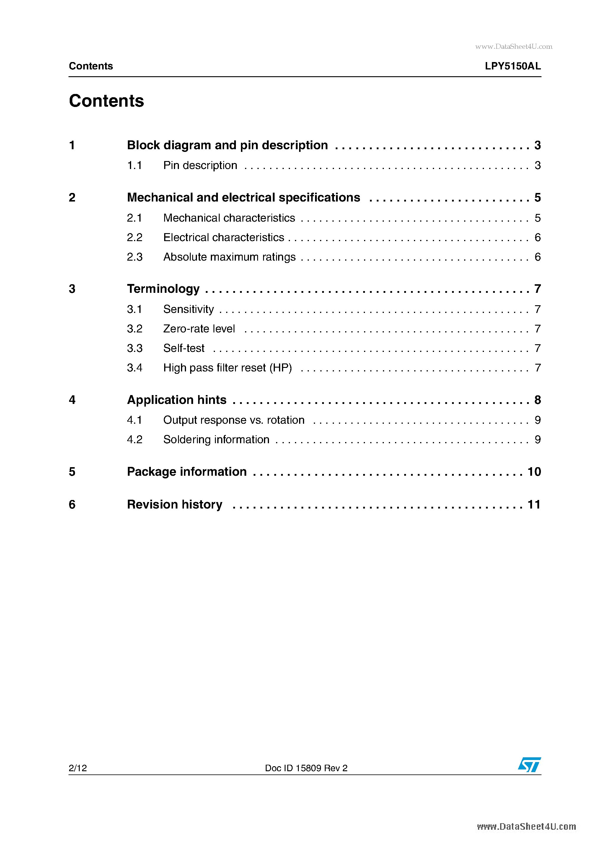 Datasheet LPY5150AL - MEMS motion sensor:dual-axis pitch and yaw +-1500 /s analog output gyroscope page 2