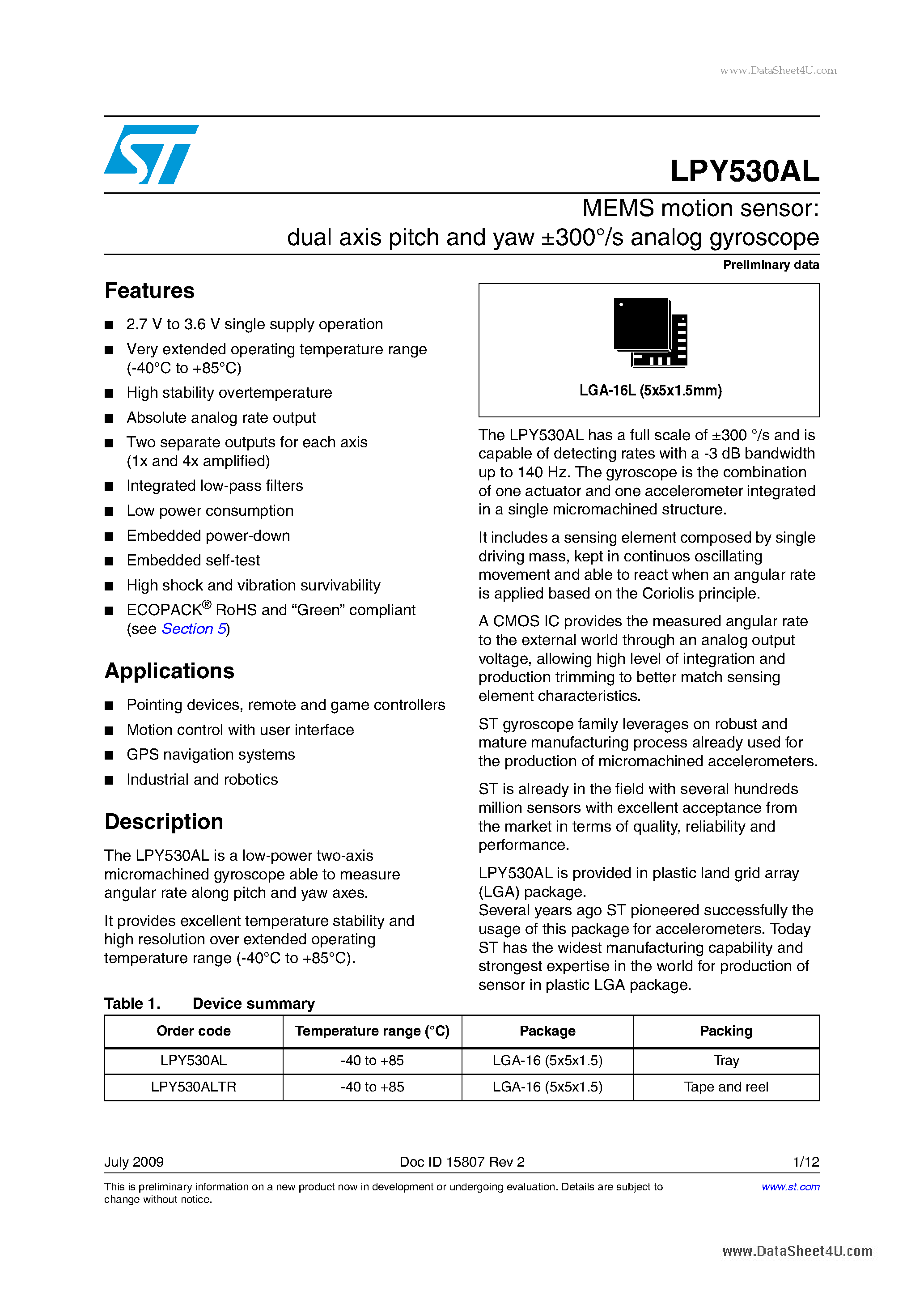 Datasheet LPY530AL - MEMS motion sensor:dual-axis pitch and yaw +-300 /s analog gyroscope page 1