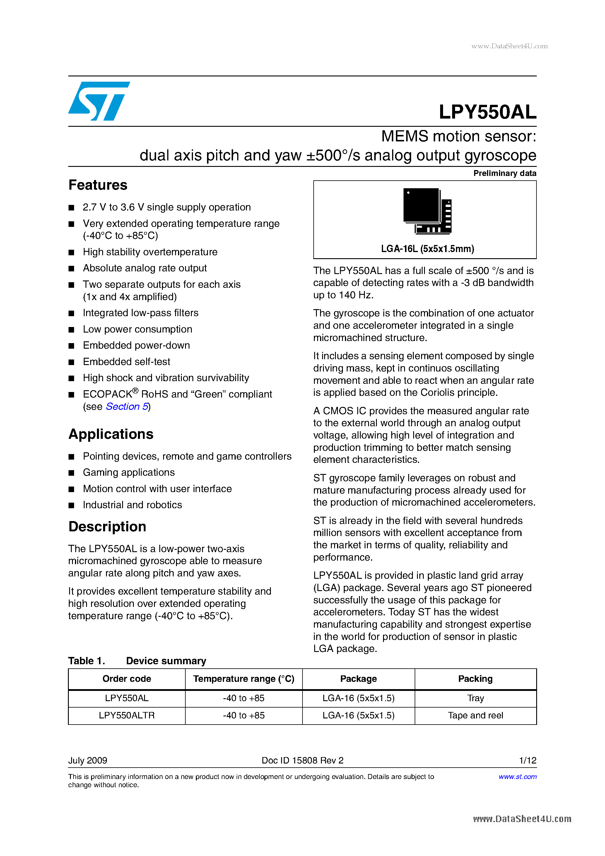 Datasheet LPY550AL - MEMS motion sensor:dual-axis pitch and yaw +-500 /s analog output gyroscope page 1