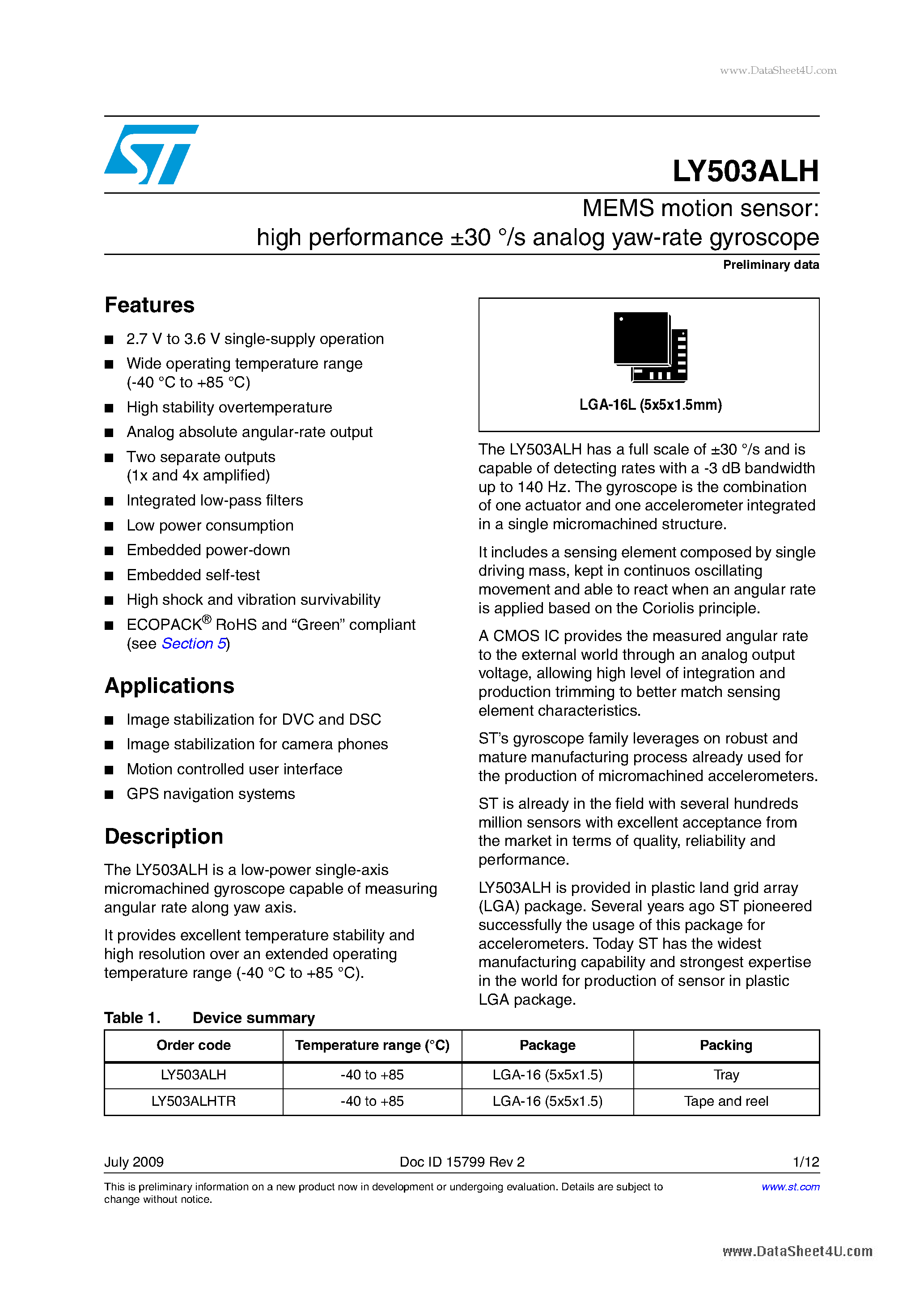 Datasheet LY503ALH - MEMS motion sensor:high performance +-30 /s analog yaw-rate gyroscope page 1