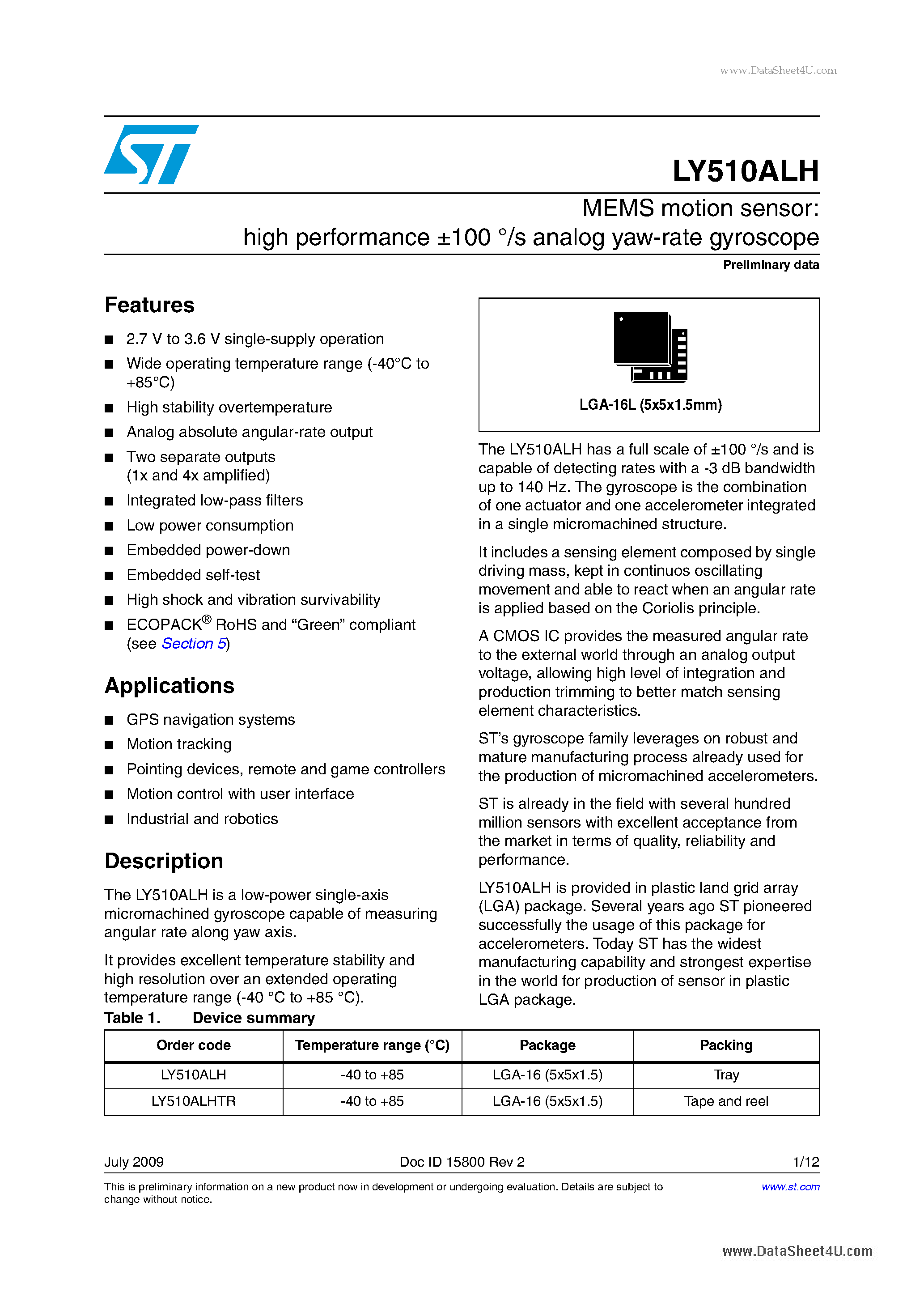 Datasheet LY510ALH - MEMS motion sensor:high performance +-100 /s analog yaw-rate gyroscope page 1