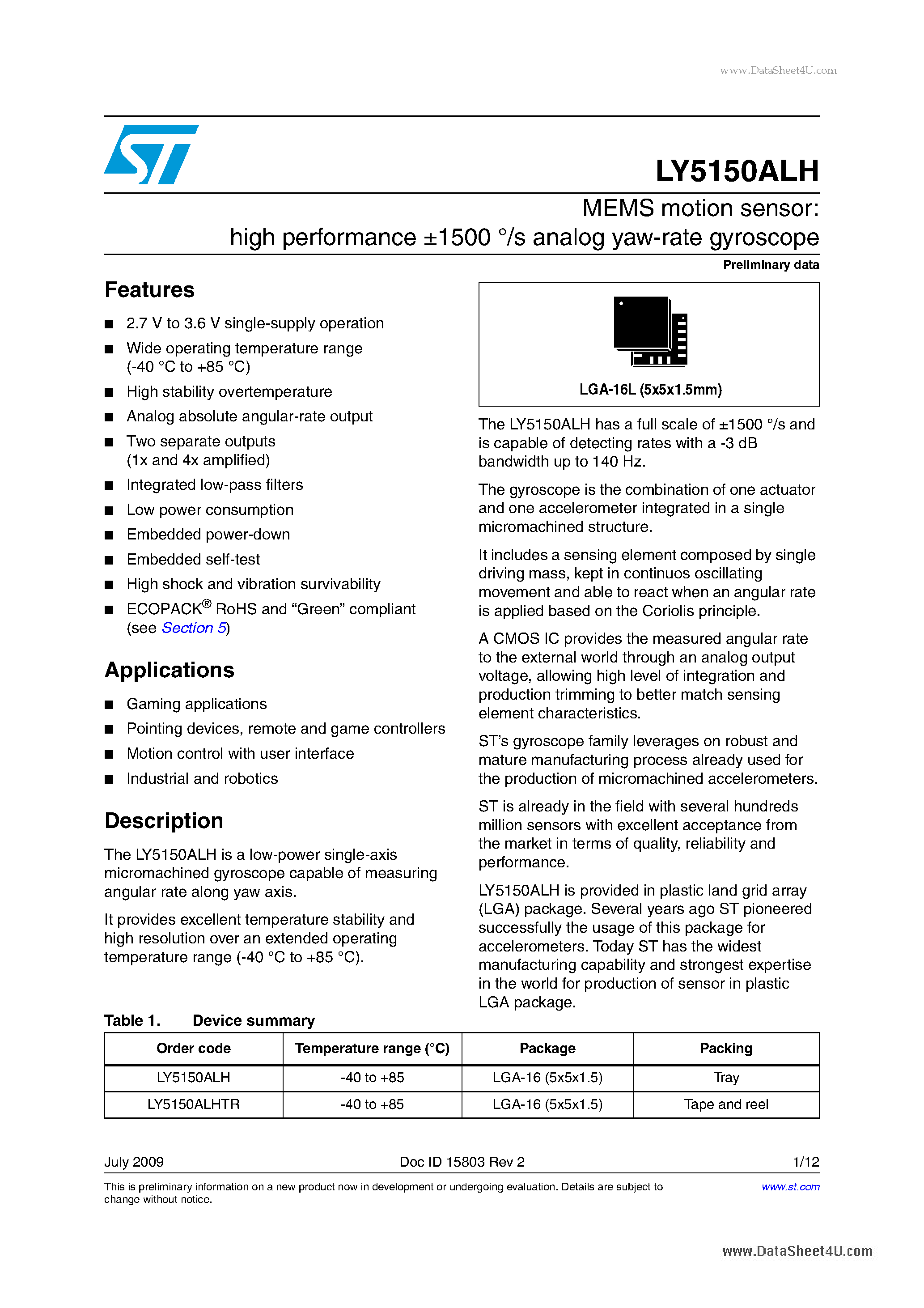 Datasheet LY5150ALH - MEMS motion sensor:high performance +-1500 /s analog yaw-rate gyroscope page 1