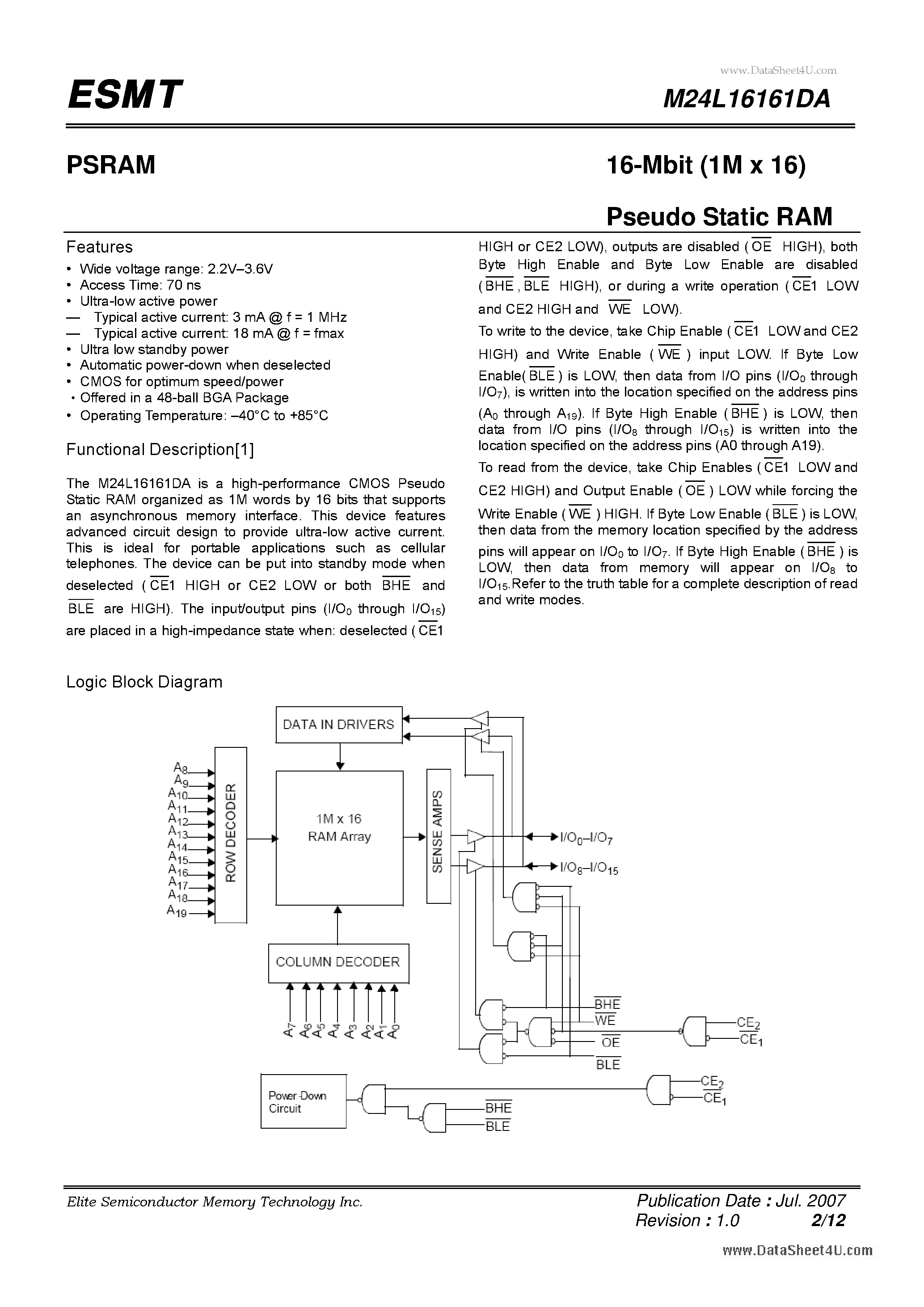 Даташит M24L16161DA - 16-Mbit (1M x 16) Pseudo Static RAM страница 2