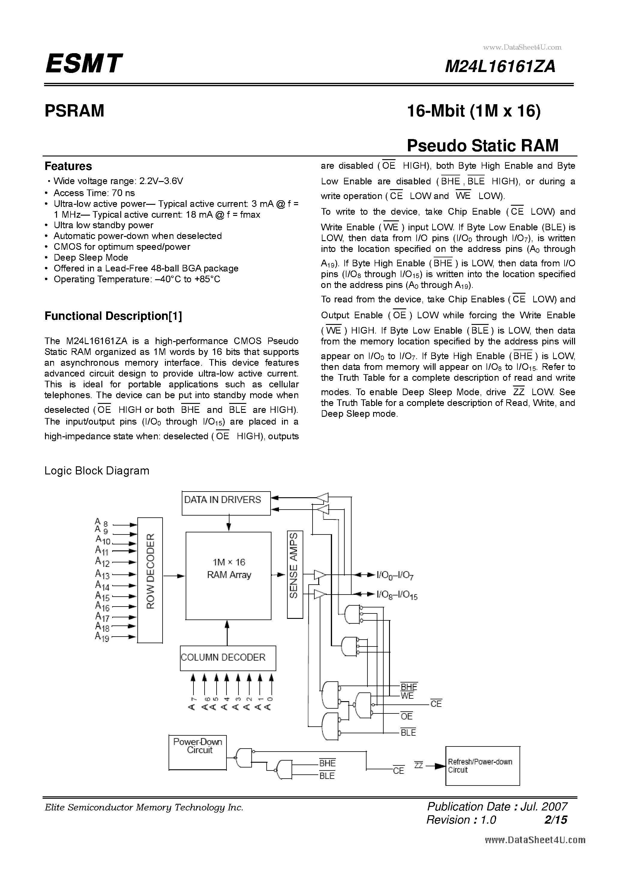 Даташит M24L16161ZA - 16-Mbit (1M x 16) Pseudo Static RAM страница 2