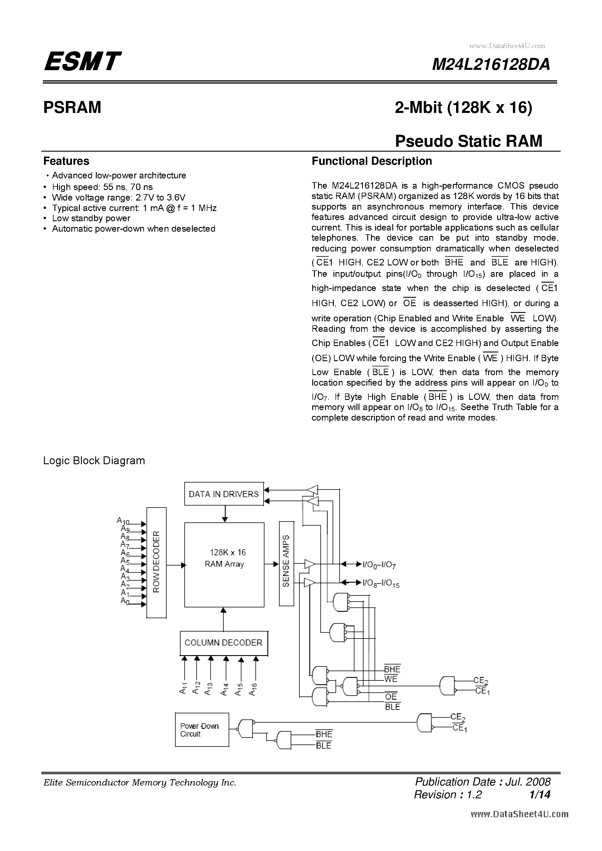 Datasheet M24L216128DA - 2-Mbit (128K x 16) Pseudo Static RAM page 1