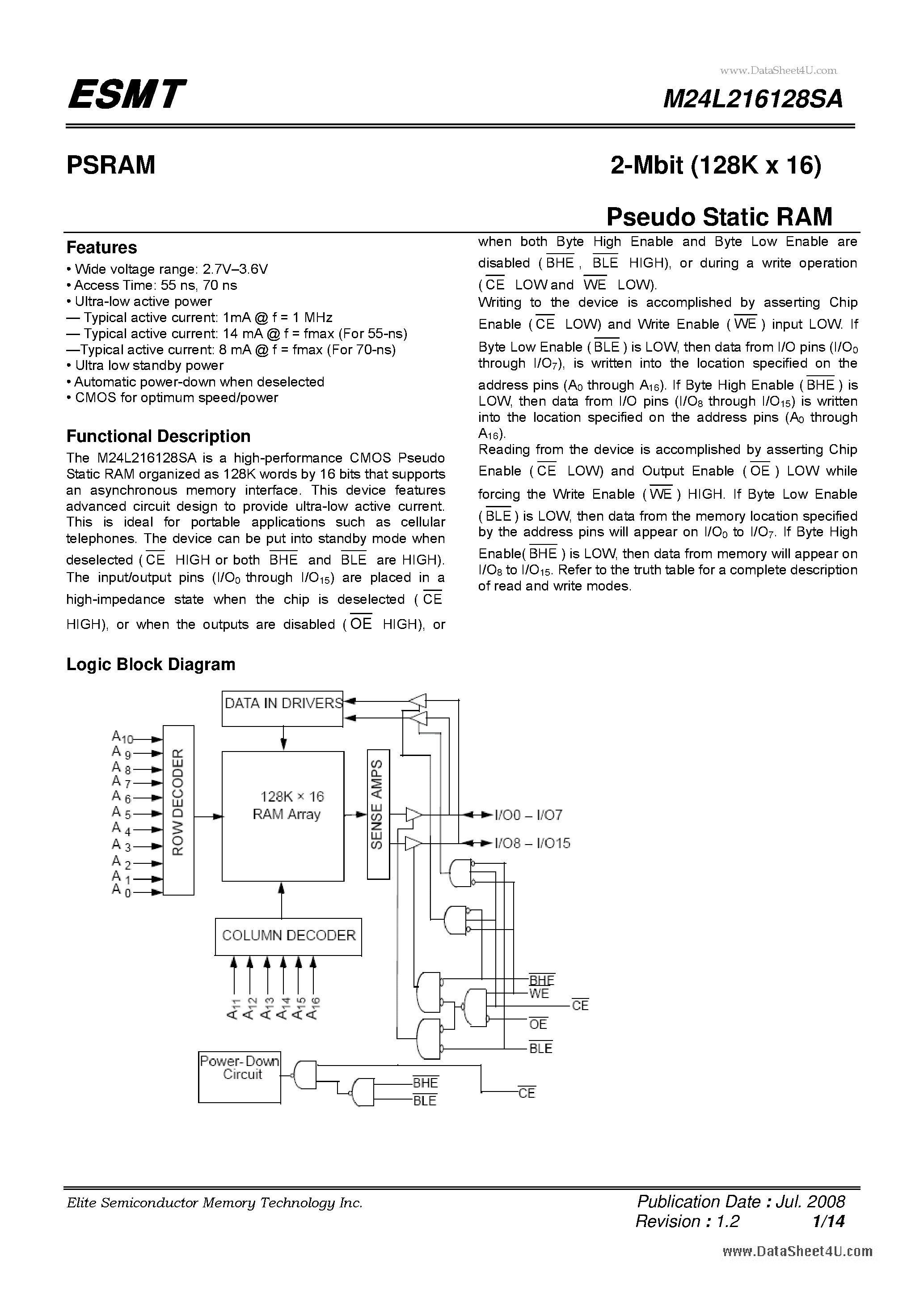 Datasheet M24L216128SA - 2-Mbit (128K x 16) Pseudo Static RAM page 1