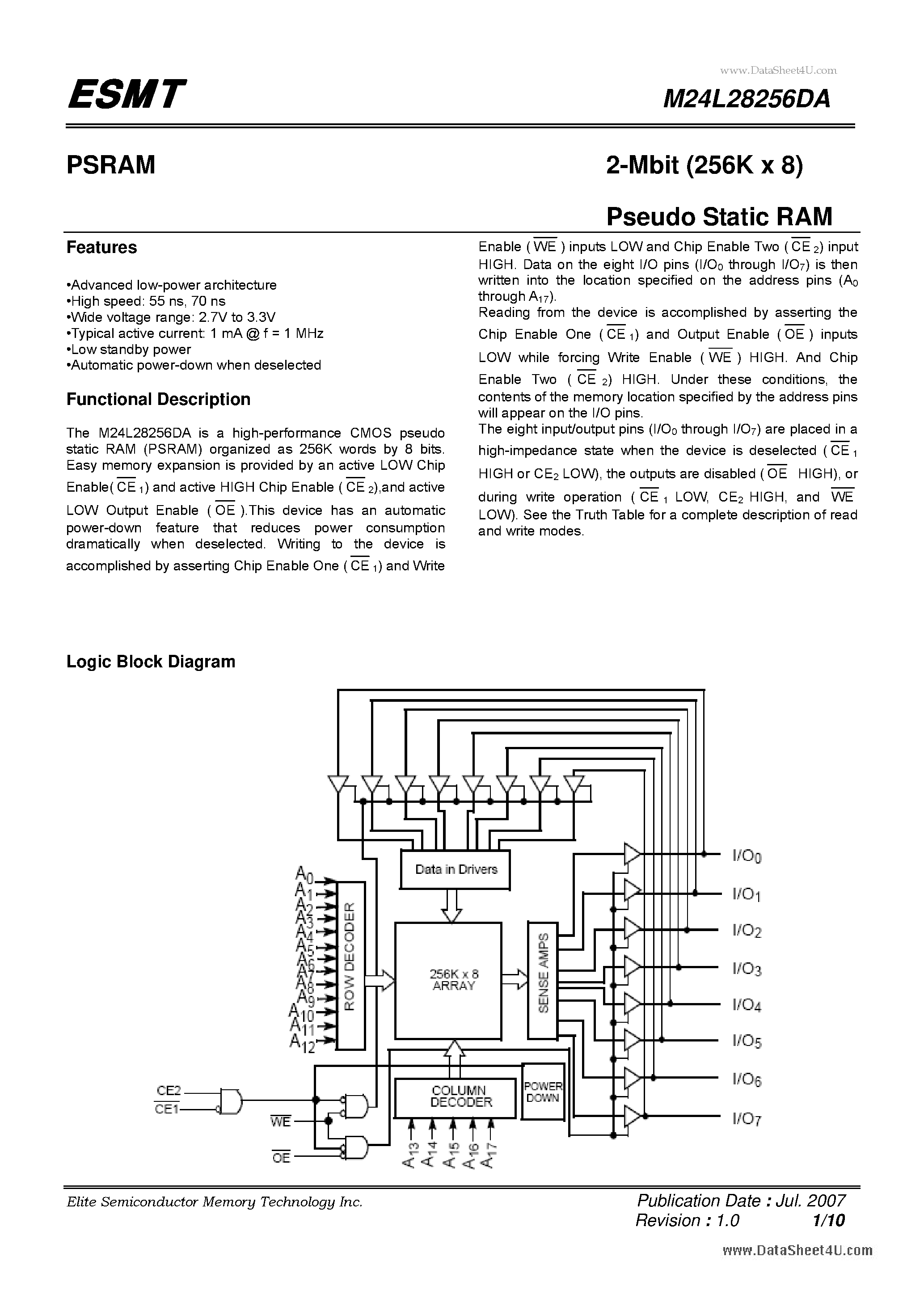 Даташит M24L28256DA - 2-Mbit (256K x 8) Pseudo Static RAM страница 1