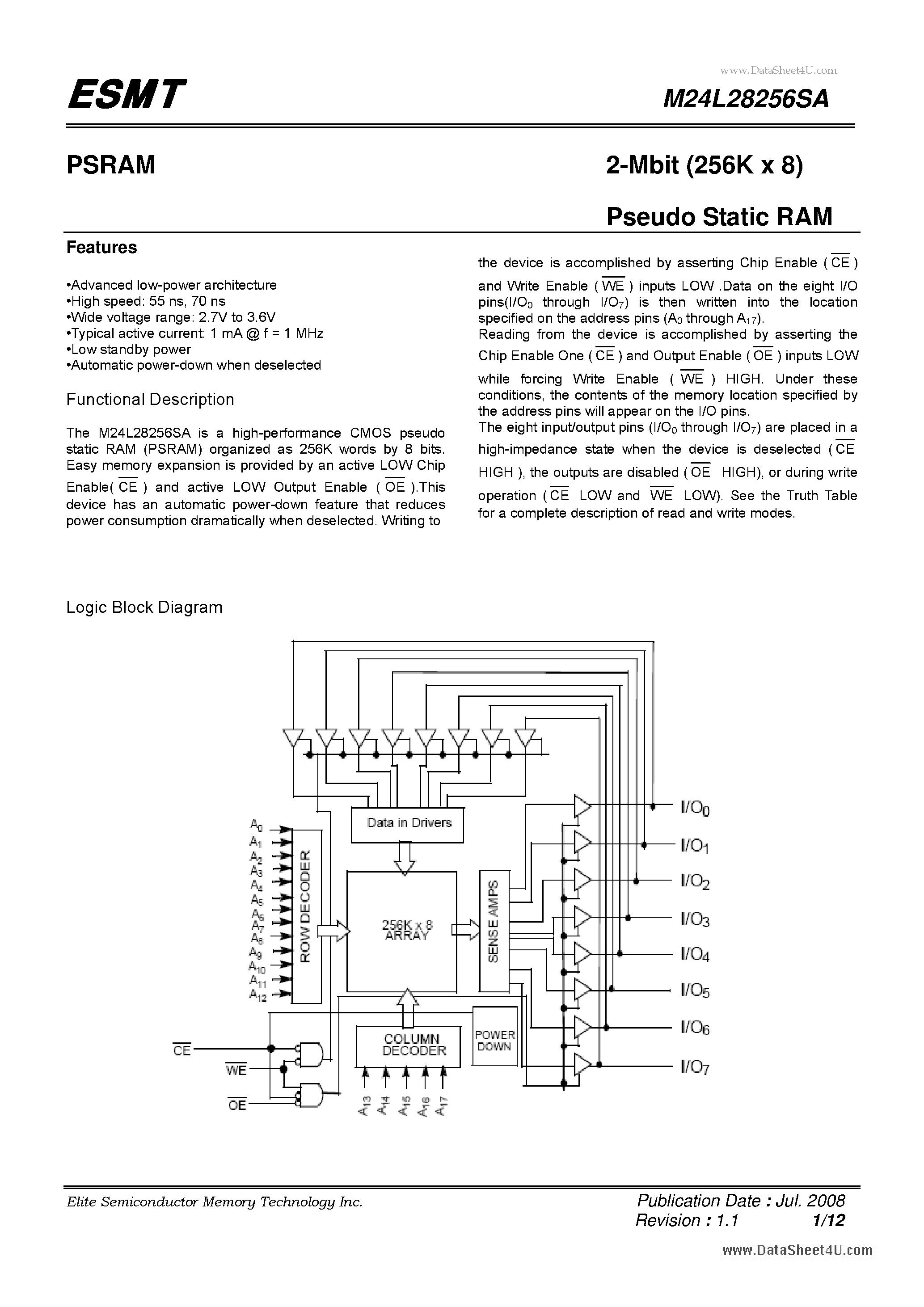 Datasheet M24L28256SA page 1 Datasheet M24L28256SA - 2-Mbit (256K x 8) Pseudo Static RAM page 1