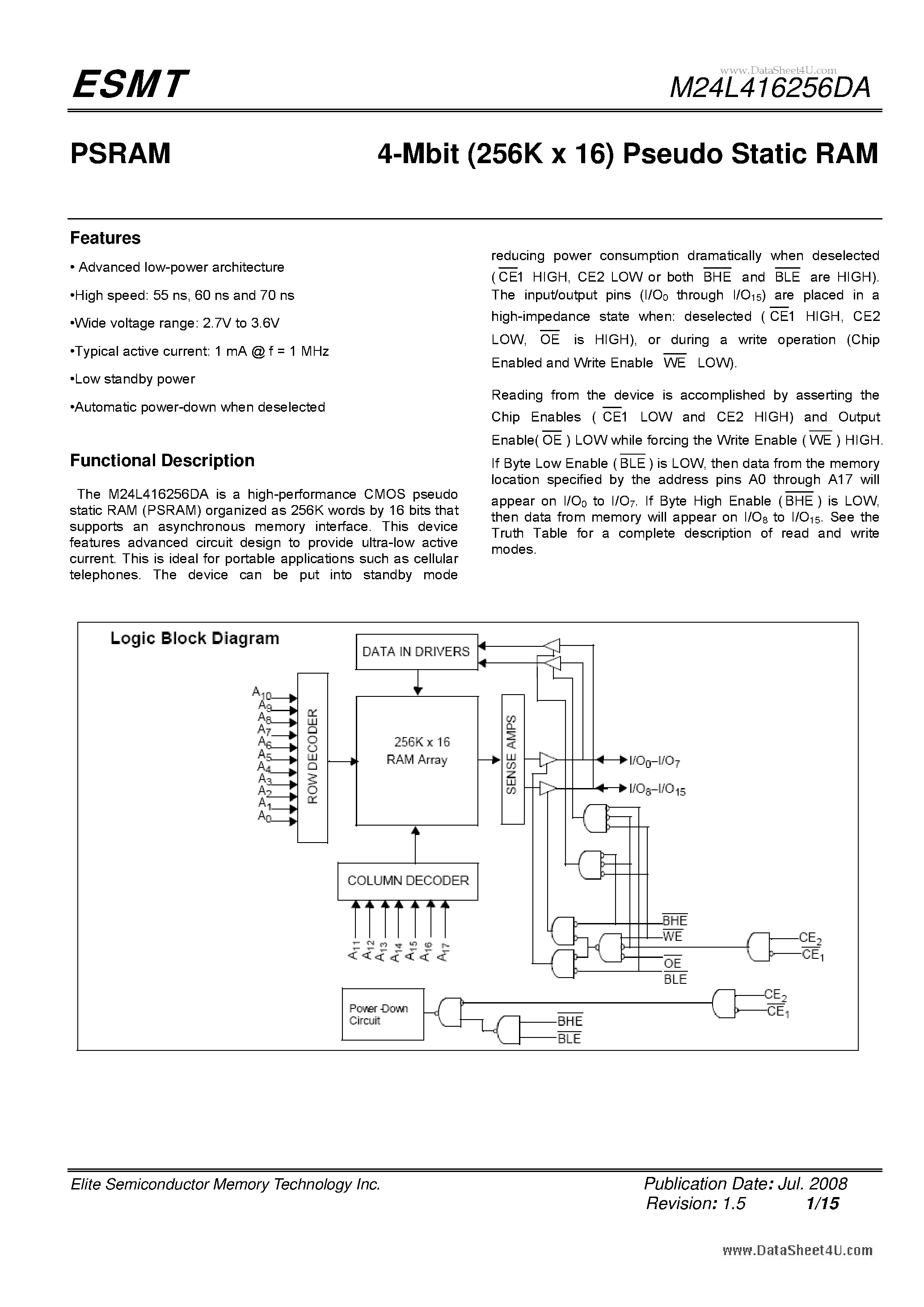 Datasheet M24L416256DA - 4-Mbit (256K x 16) Pseudo Static RAM page 1