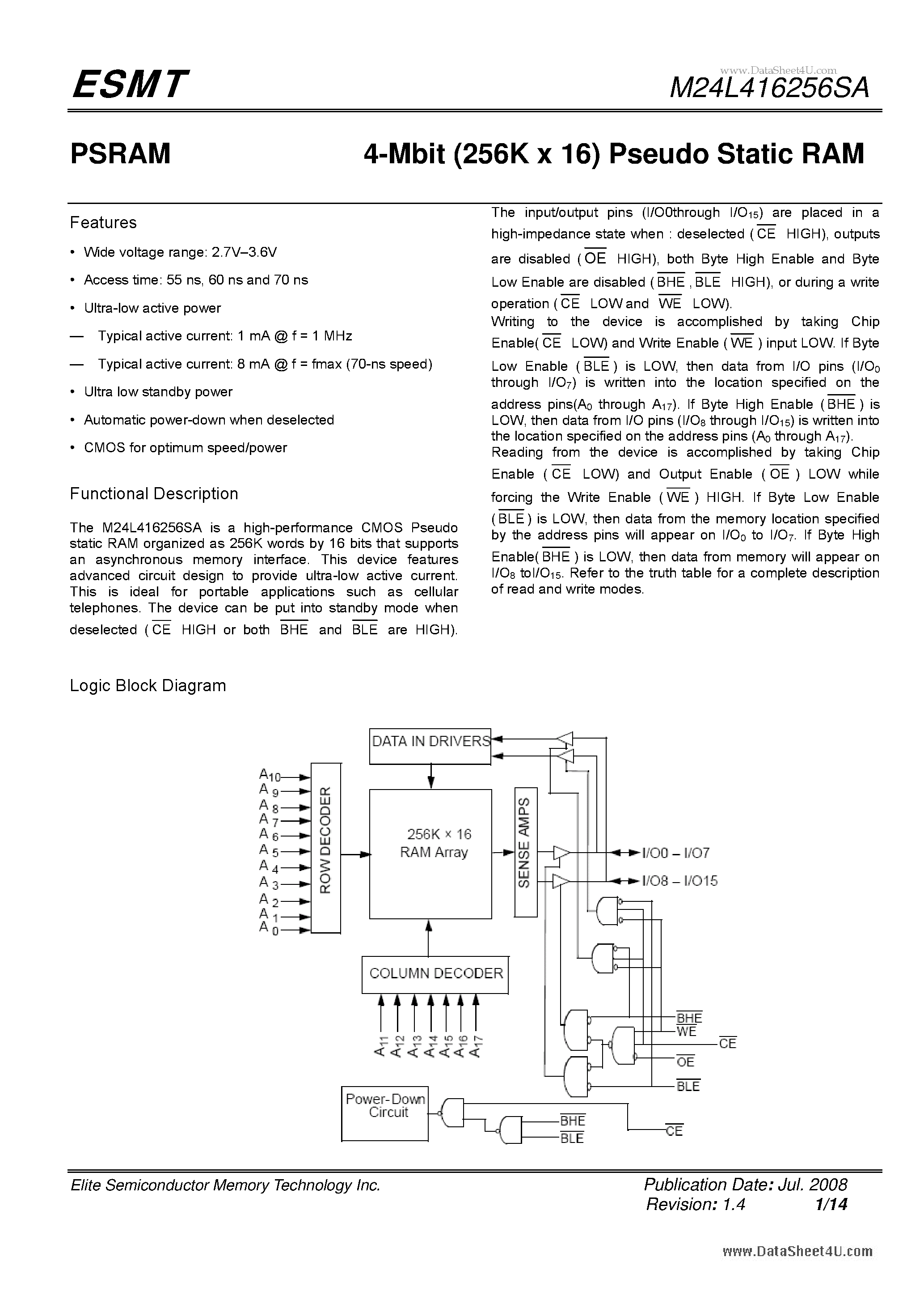 Datasheet M24L416256SA - 4-Mbit (256K x 16) Pseudo Static RAM page 1
