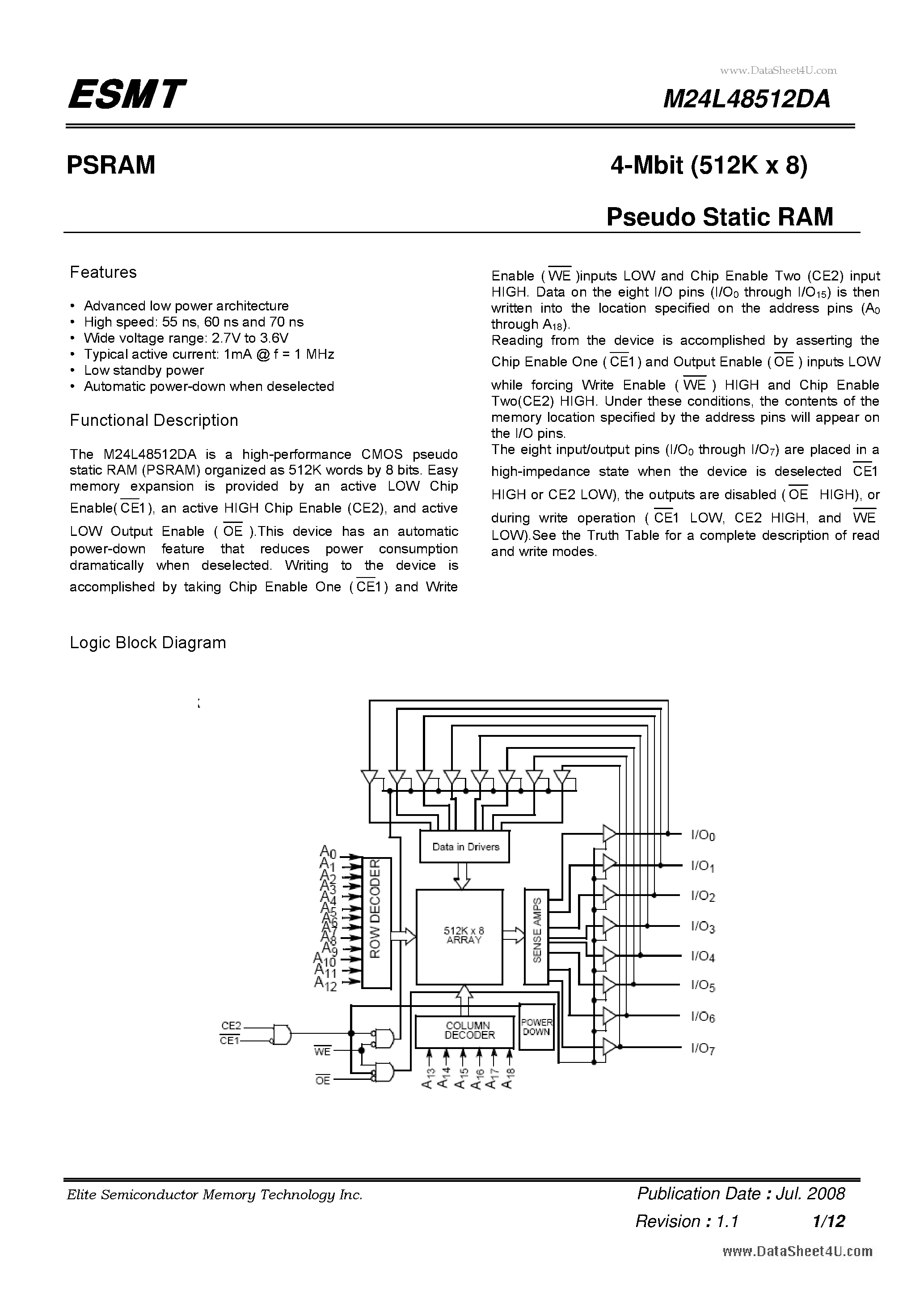 Datasheet M24L48512DA - 4-Mbit (512K x 8) Pseudo Static RAM page 1