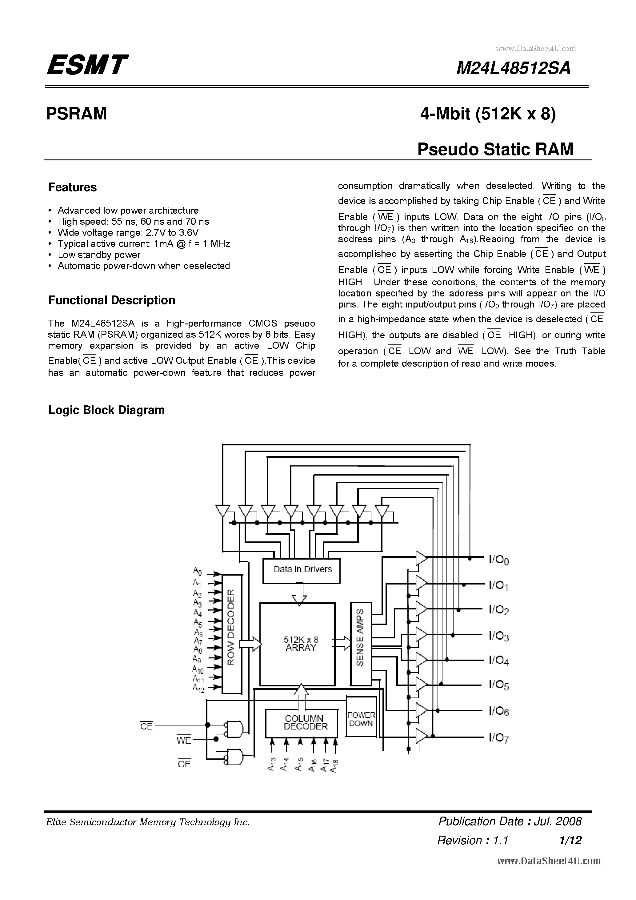 Datasheet M24L48512SA - 4-Mbit (512K x 8) Pseudo Static RAM page 1