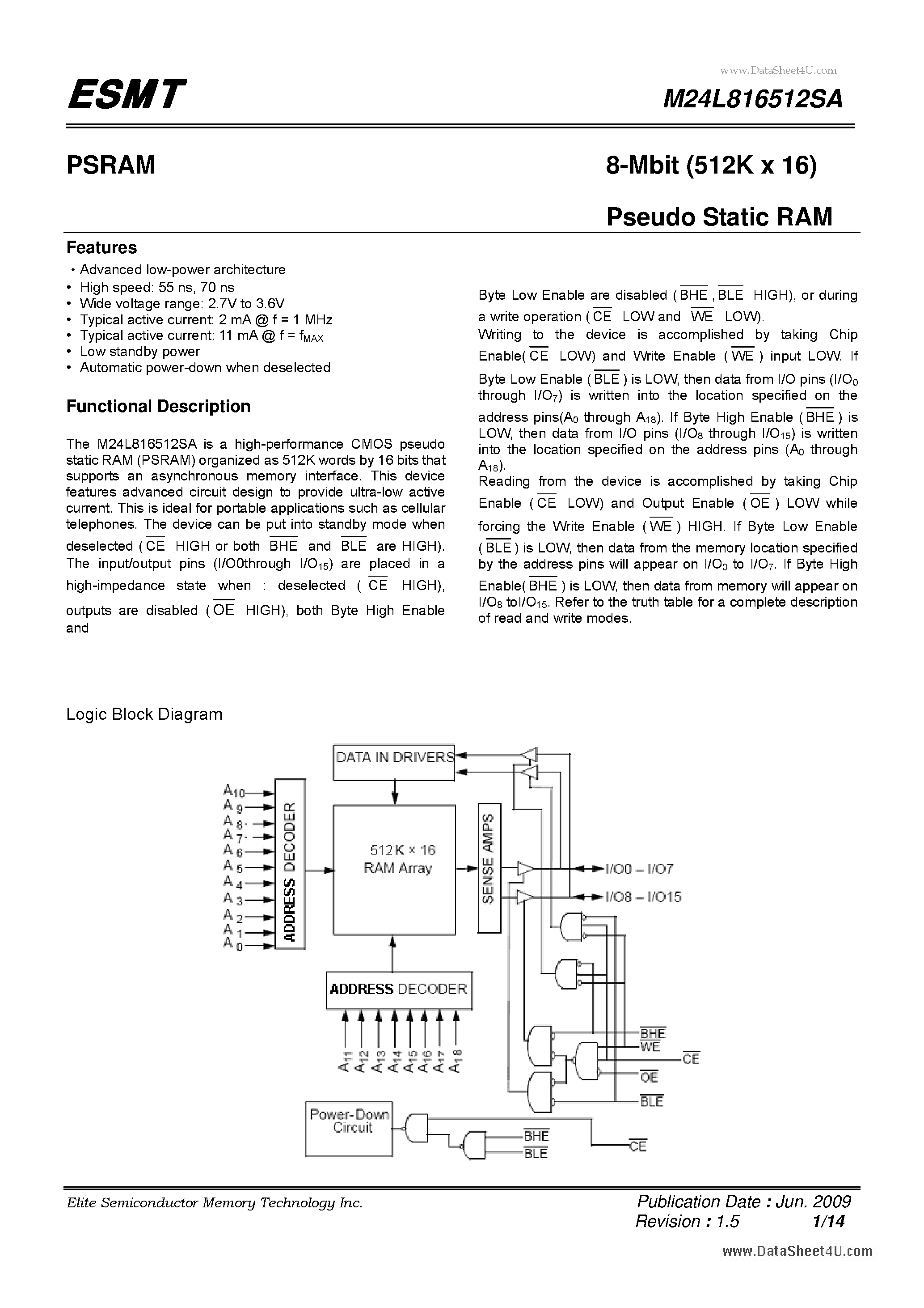 Даташит на микросхему M24L816512SA страница 1 Даташит M24L816512SA - 8-Mbit (512K x 16) Pseudo Static RAM страница 1