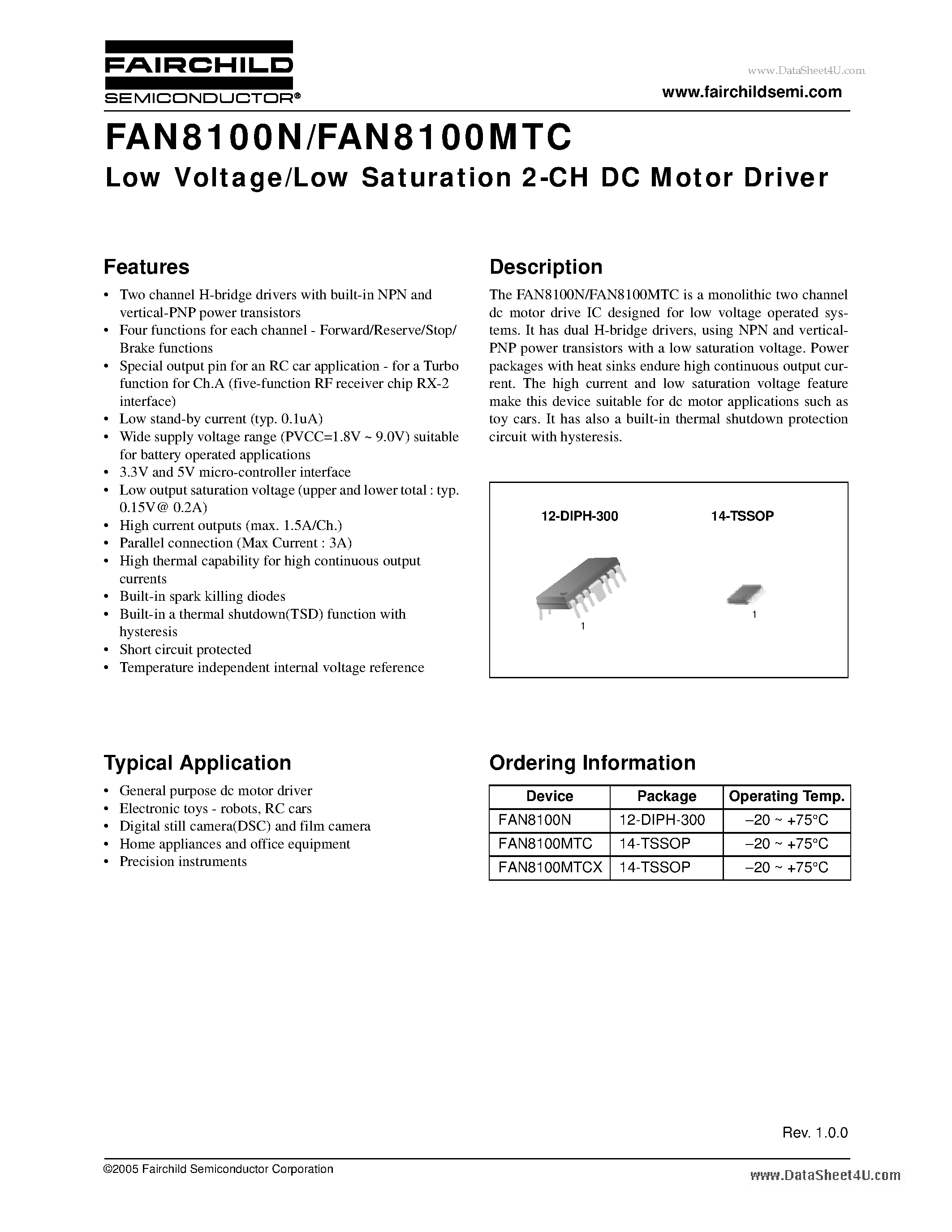 Datasheet FAN8100MTC page 1 Datasheet FAN8100MTC - Low Voltage/Low Saturation 2-CH DC Motor Driver page 1
