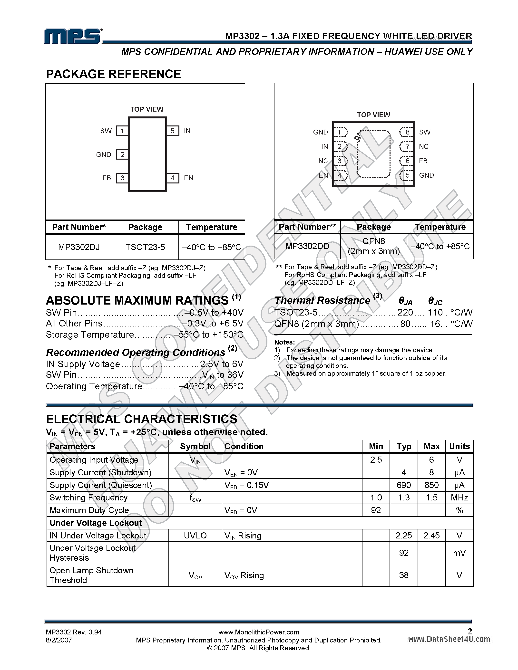 Datasheet MP3302 - 1.3A Fixed Frequency page 2