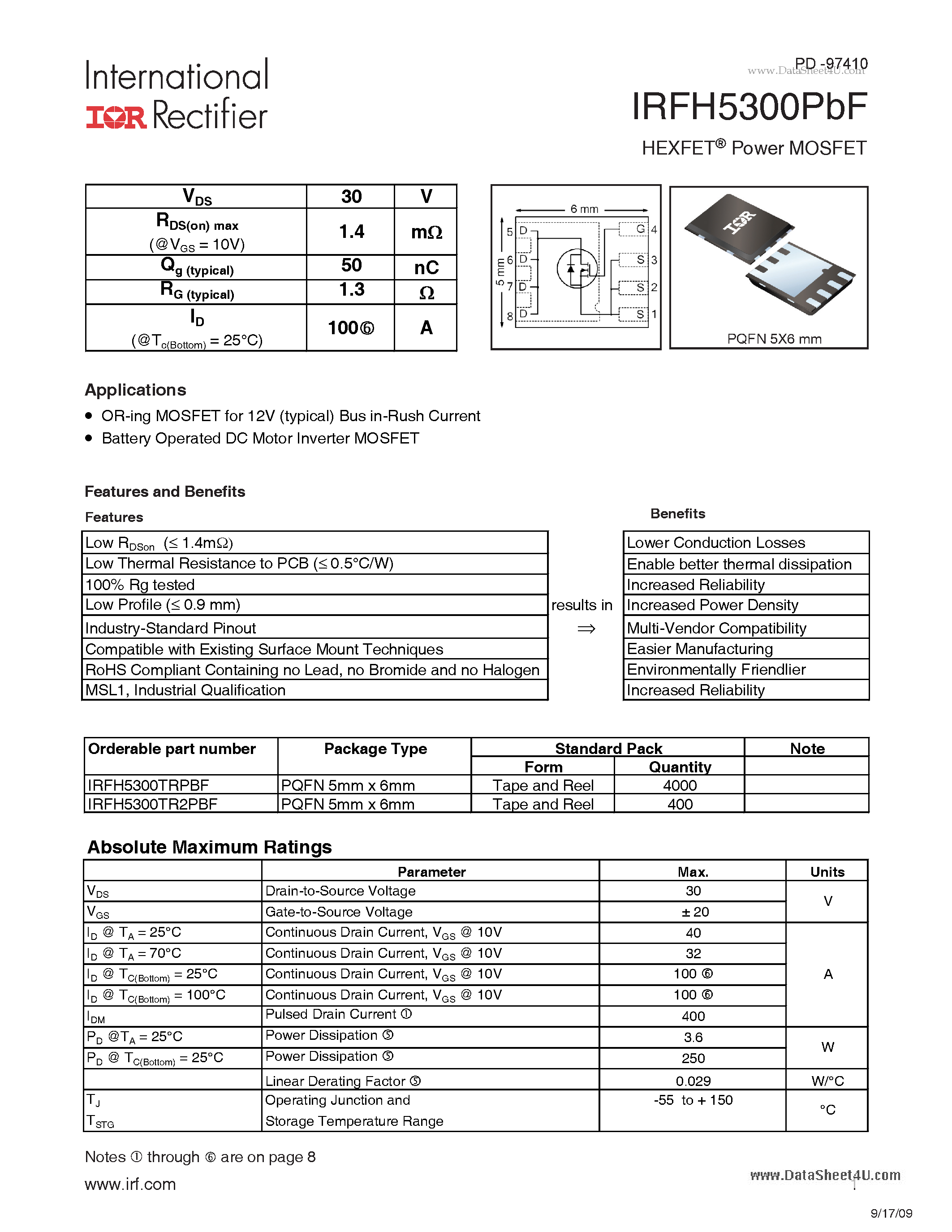 Datasheet IRFH5300PBF - HEXFET Power MOSFET page 1