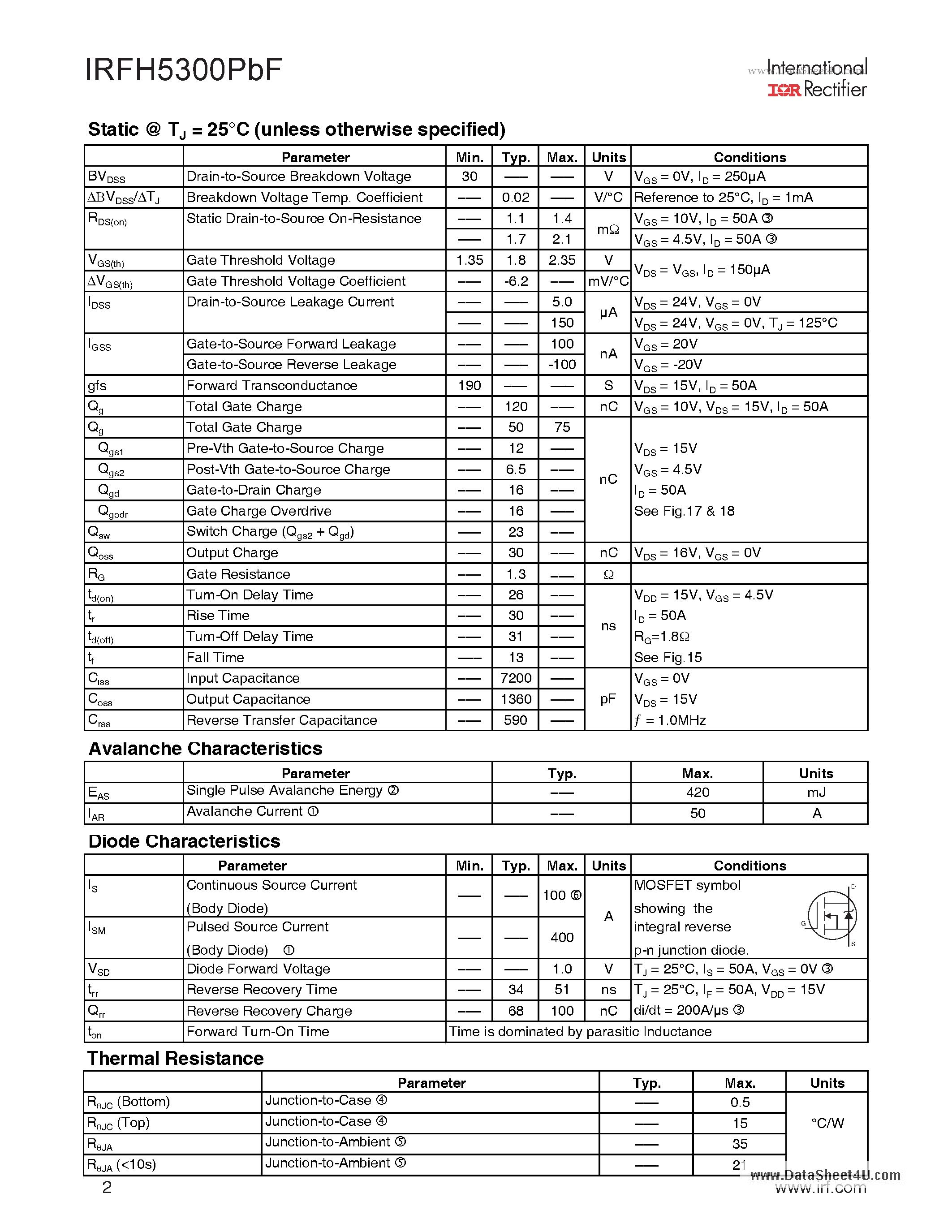 Datasheet IRFH5300PBF - HEXFET Power MOSFET page 2