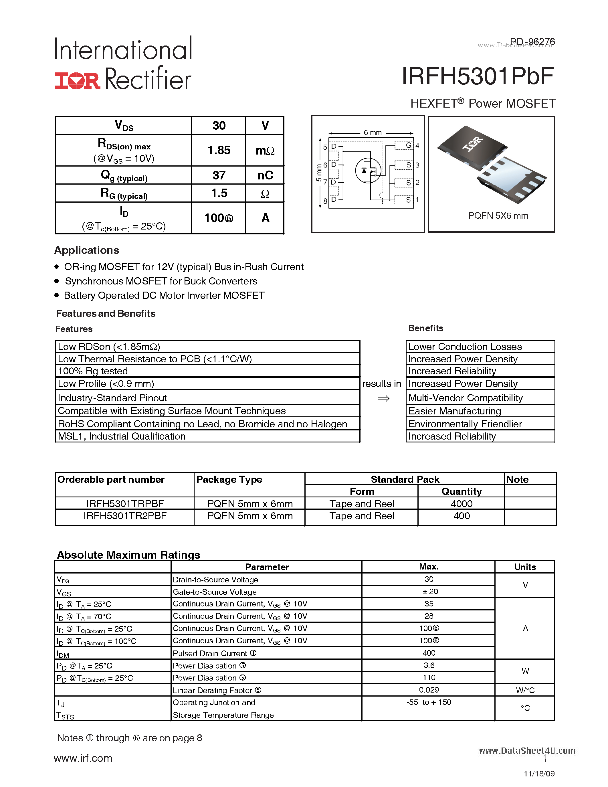 Datasheet IRFH5301PBF - HEXFET Power MOSFET page 1