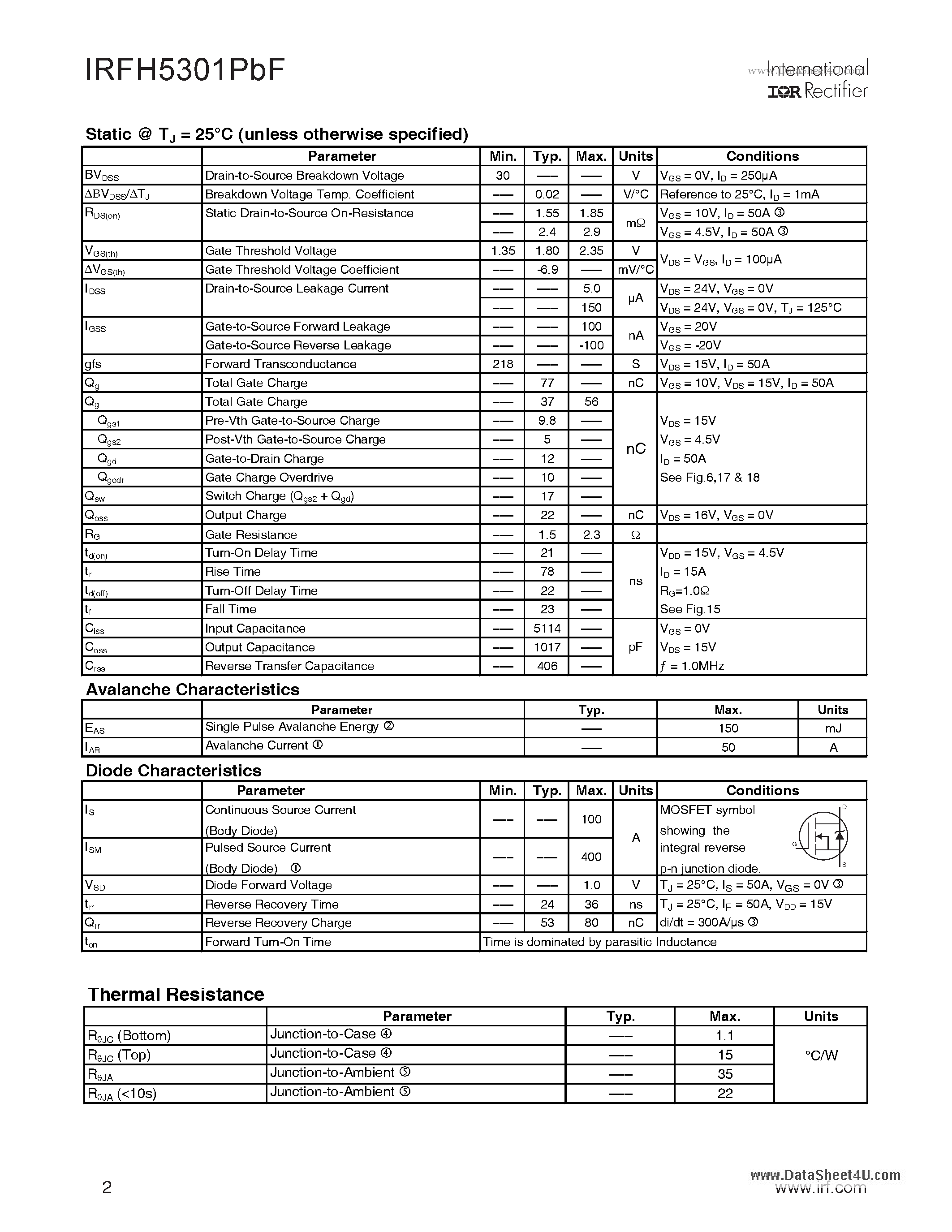 Datasheet IRFH5301PBF - HEXFET Power MOSFET page 2