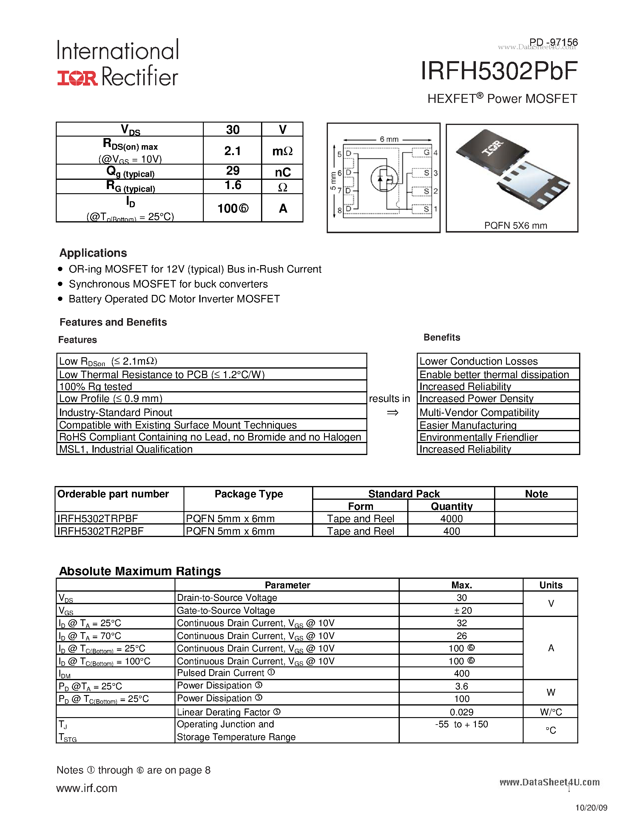 Datasheet IRFH5302PBF - HEXFET Power MOSFET page 1