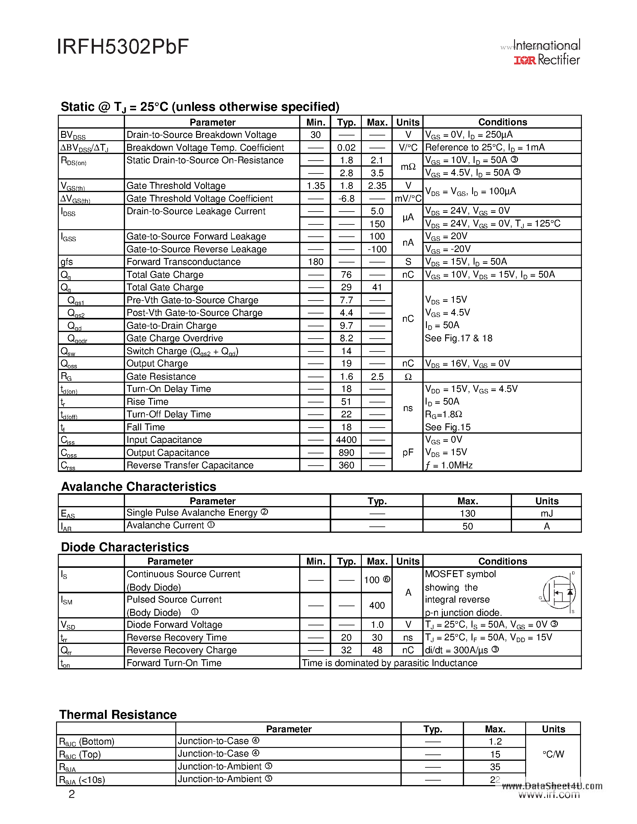Datasheet IRFH5302PBF - HEXFET Power MOSFET page 2