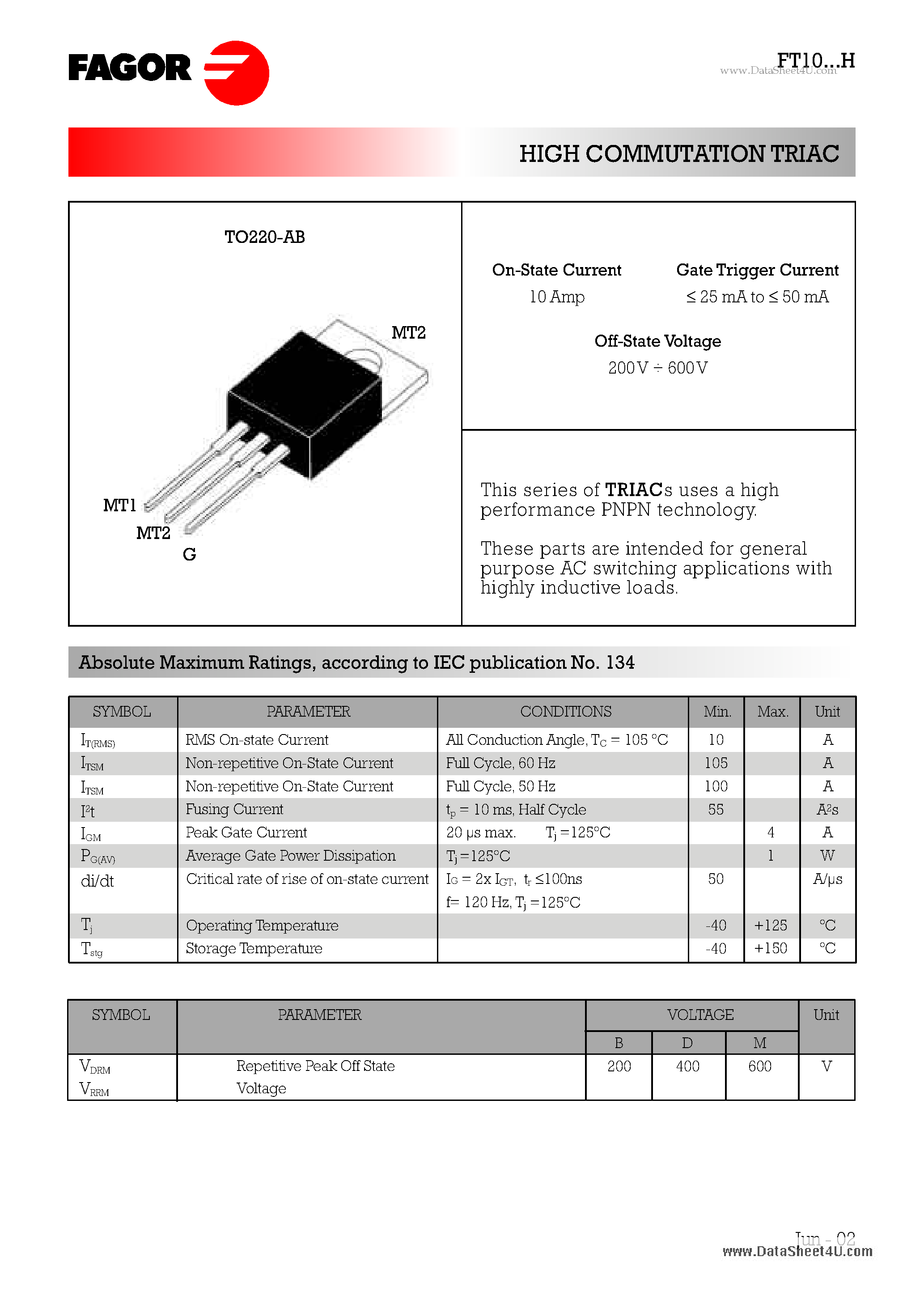 Datasheet FT1004BH page 1 Datasheet FT1004BH - HIGH COMMUTATION TRIAC page 1