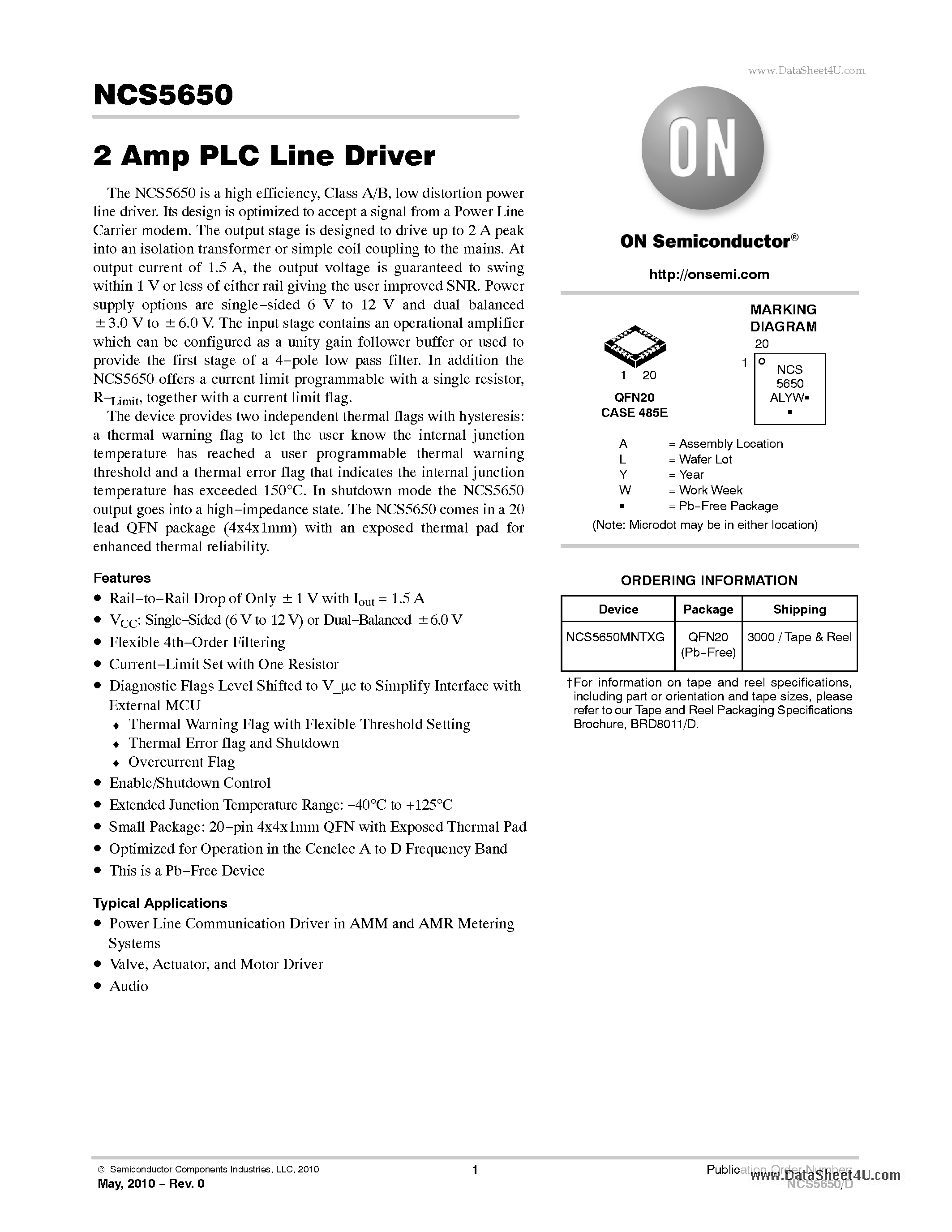 Datasheet NCP51460 - 2.0 Amp PLC Line Driver page 1