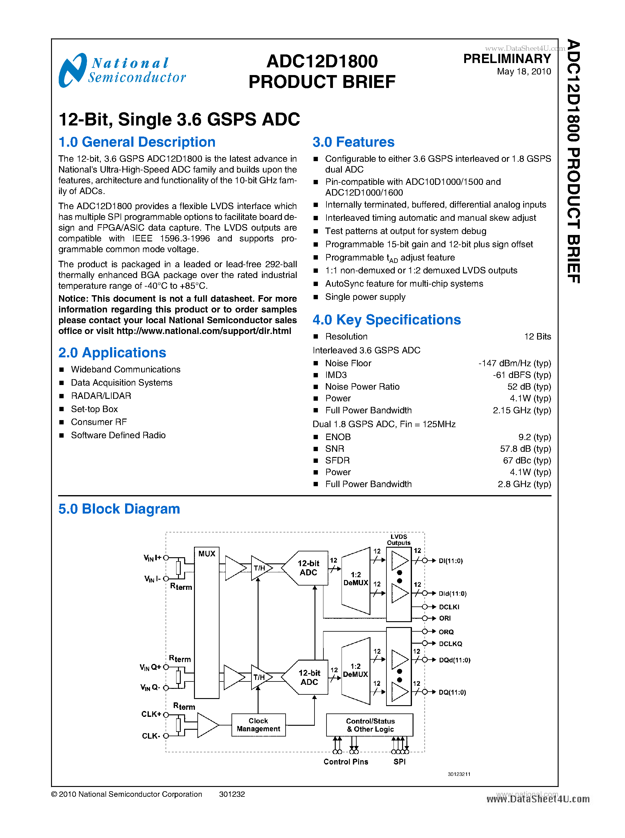 Даташит ADC12D1800 - Single 3.6 GSPS ADC страница 1
