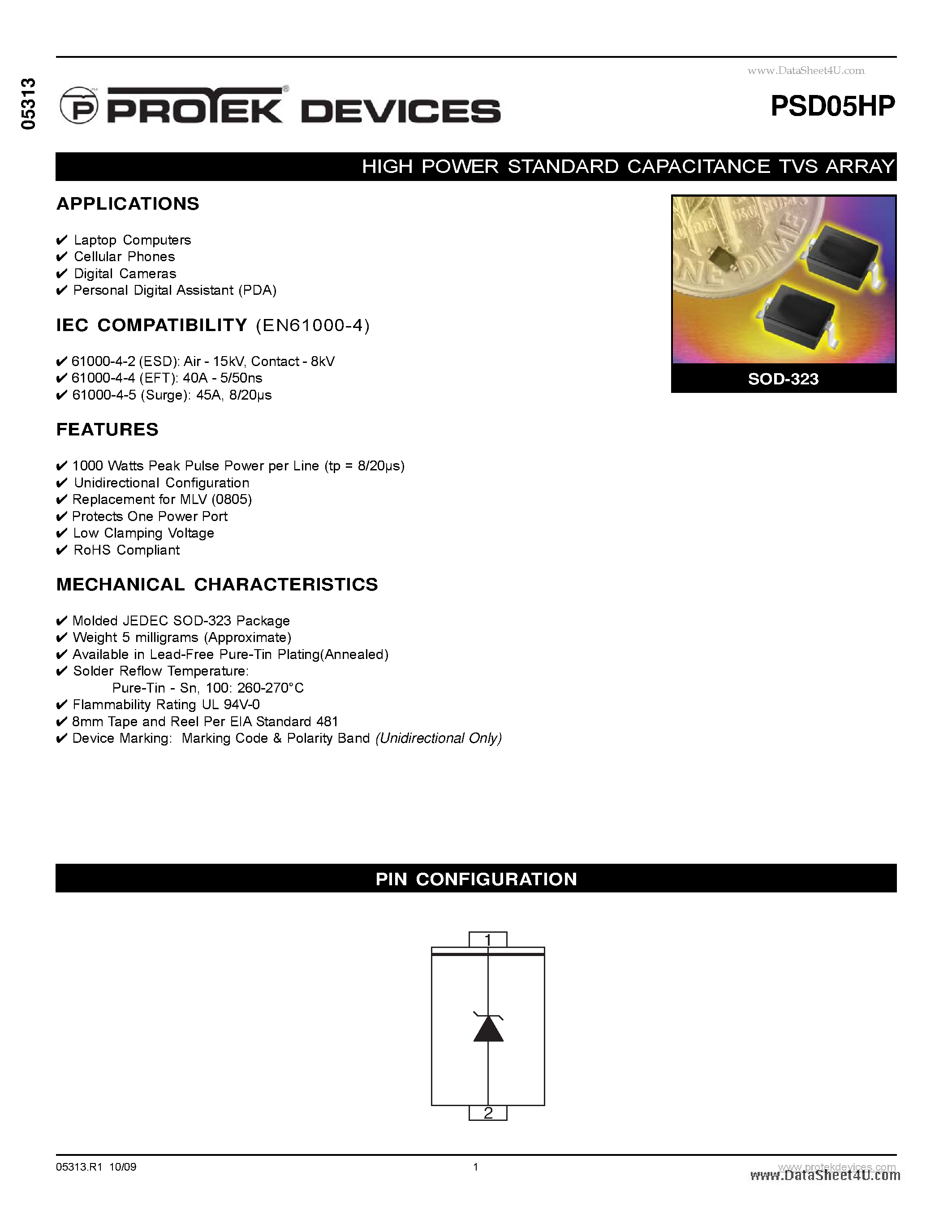 Даташит на микросхему PSD05HP страница 1 Даташит PSD05HP - HIGH POWER STANDARD CAPACITANCE TVS ARRAY страница 1