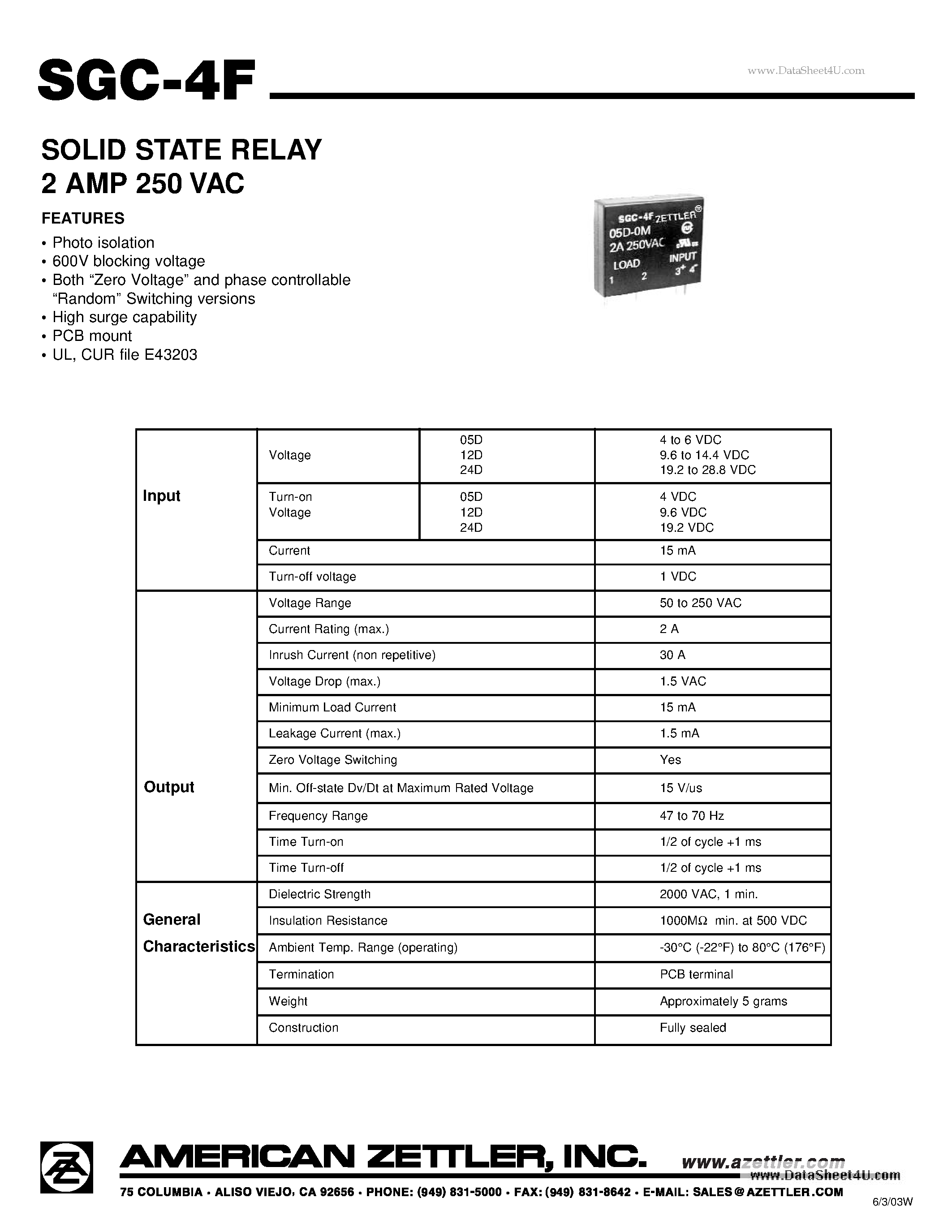 Datasheet SGC-4F - SOLID STATE RELAY page 1
