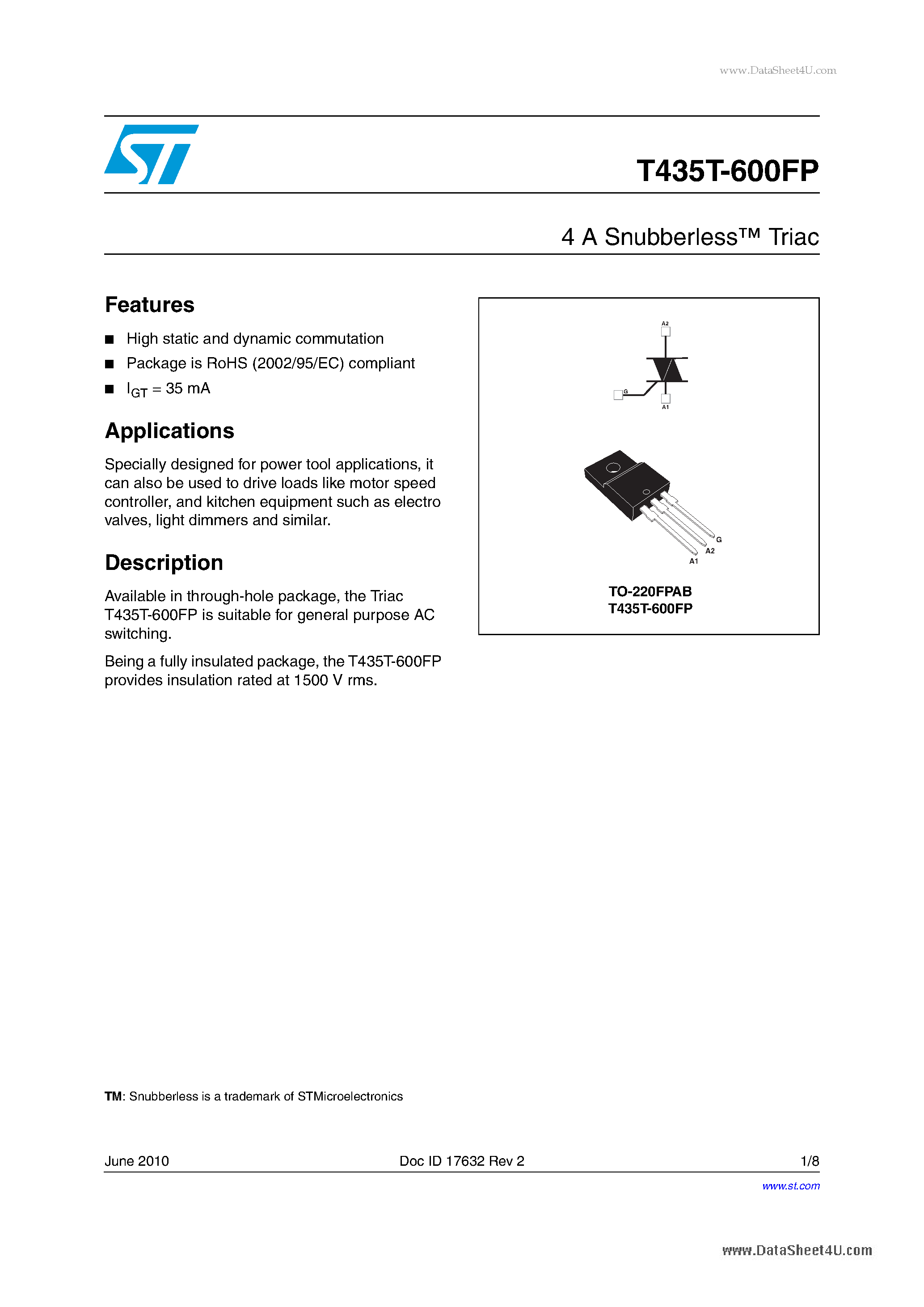 Datasheet T435T-600FP - 4A Snubberless Triac page 1
