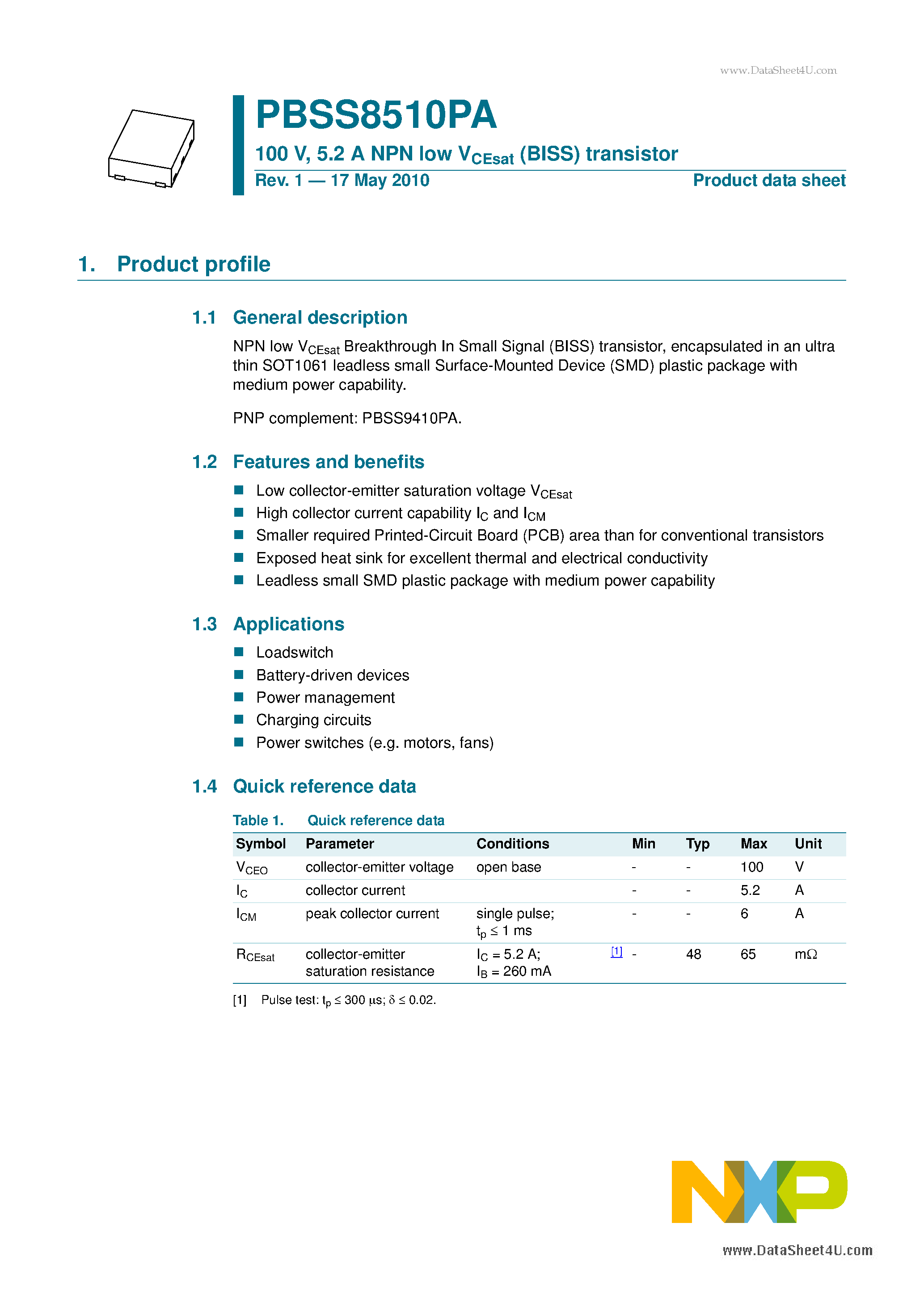 Datasheet PBSS8510PA - 5.2A NPN Low V_CEsat (BISS) Transistor page 1