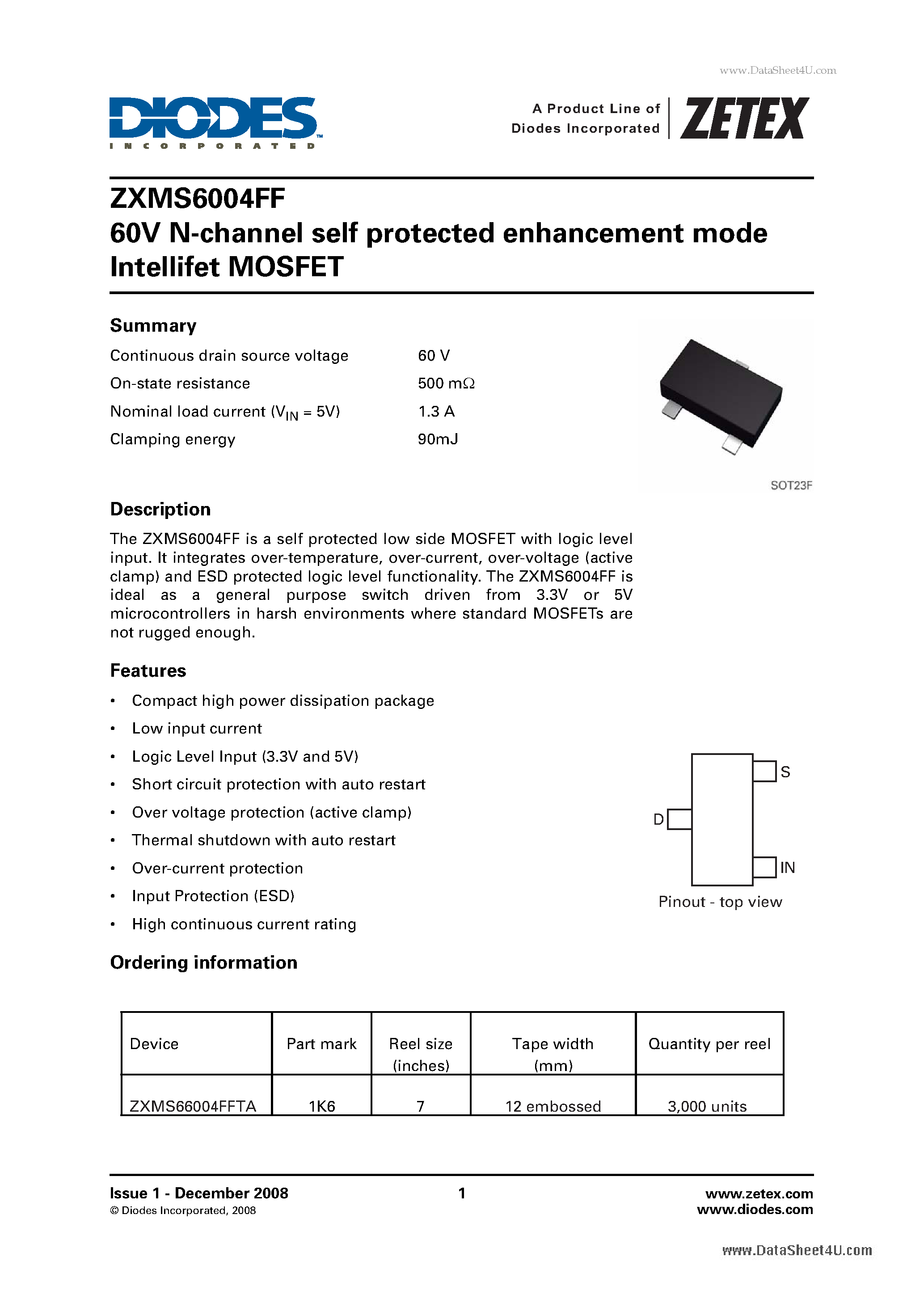 Datasheet ZXMS6004FF page 1 Datasheet ZXMS6004FF - 60V N-channel self protected enhancement mode Intellifet MOSFET page 1