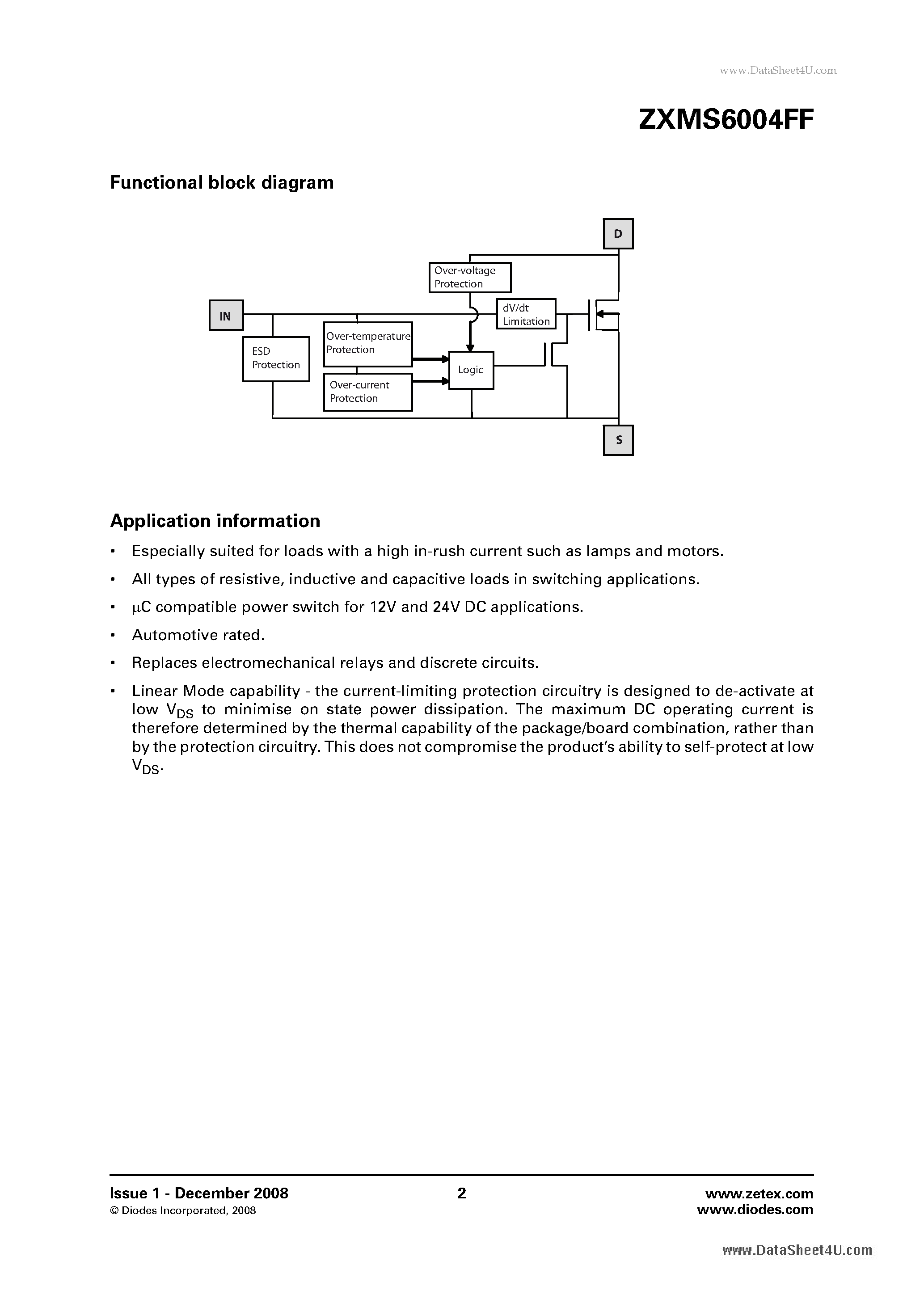 Datasheet ZXMS6004FF page 2 Datasheet ZXMS6004FF - 60V N-channel self protected enhancement mode Intellifet MOSFET page 2