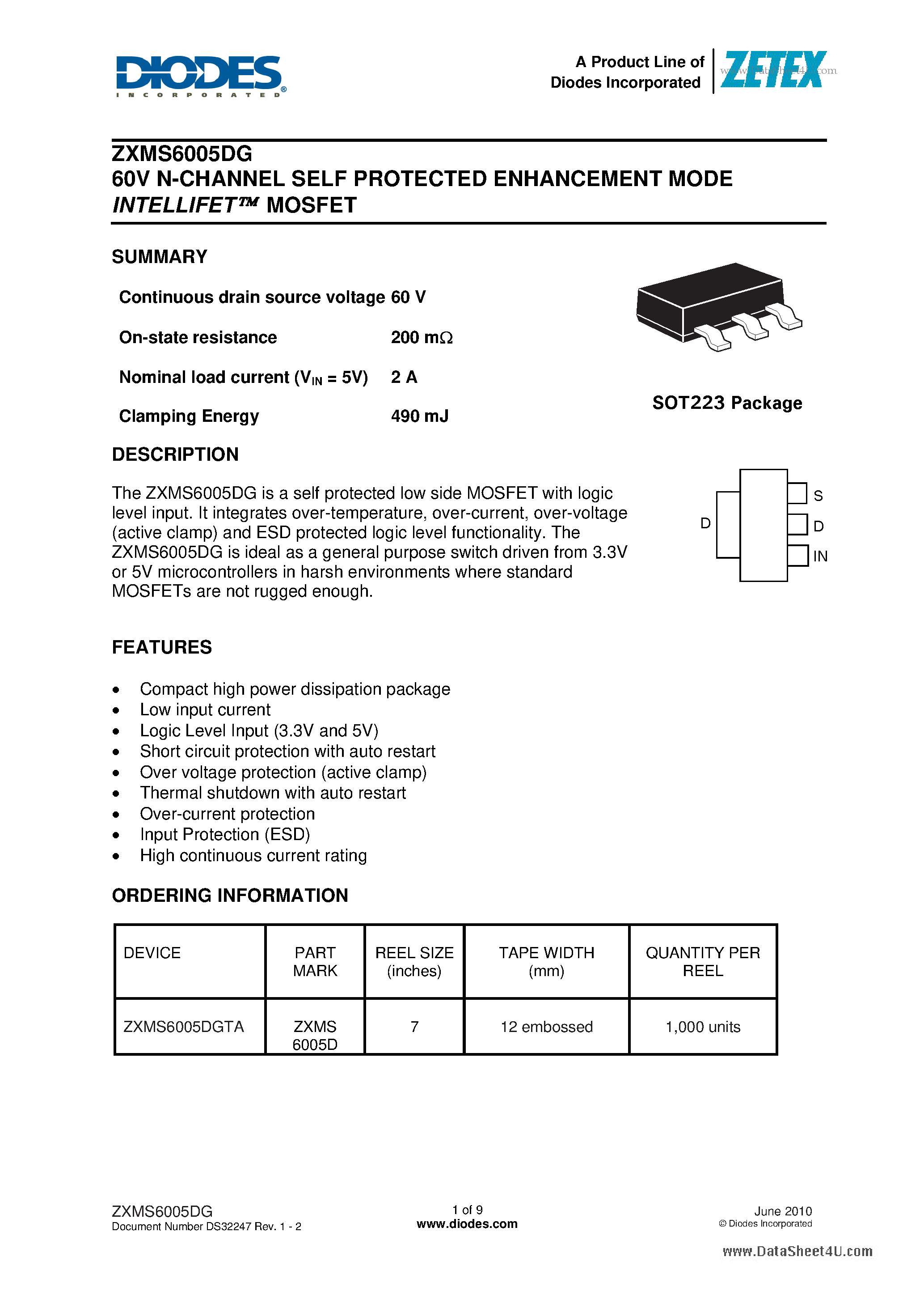 Datasheet ZXMS6005DG page 1 Datasheet ZXMS6005DG - 60V N-CHANNEL SELF PROTECTED ENHANCEMENT MODE page 1